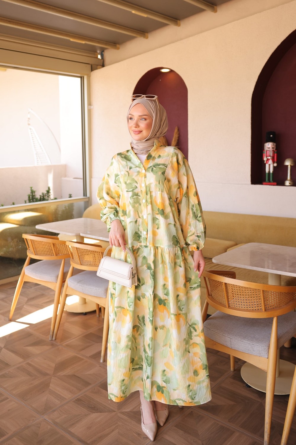 İmaj Butik Sarı Yarım Düğmeli Kol Lastikli Desenli Elbise
