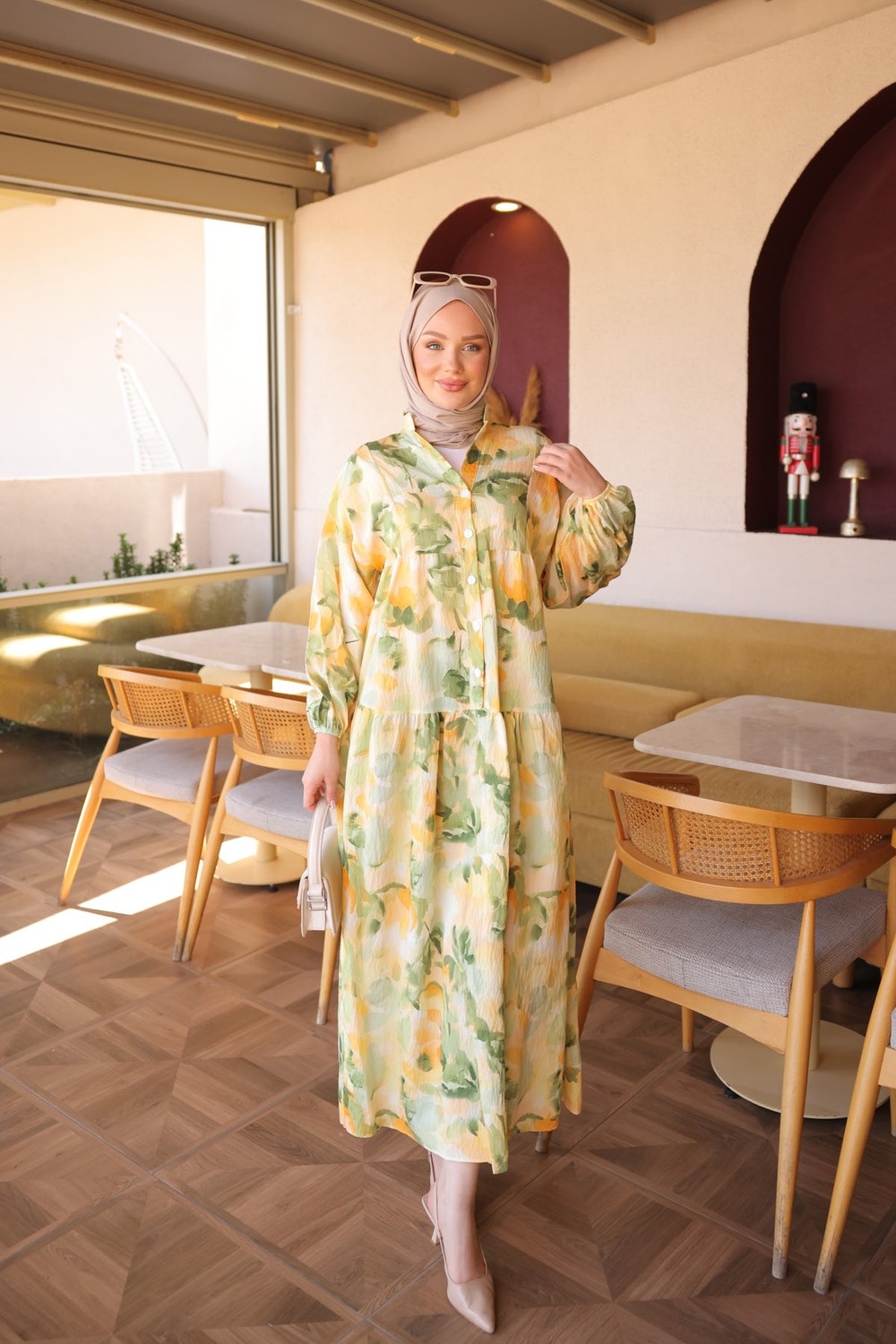 İmaj Butik Sarı Yarım Düğmeli Kol Lastikli Desenli Elbise görsel 2