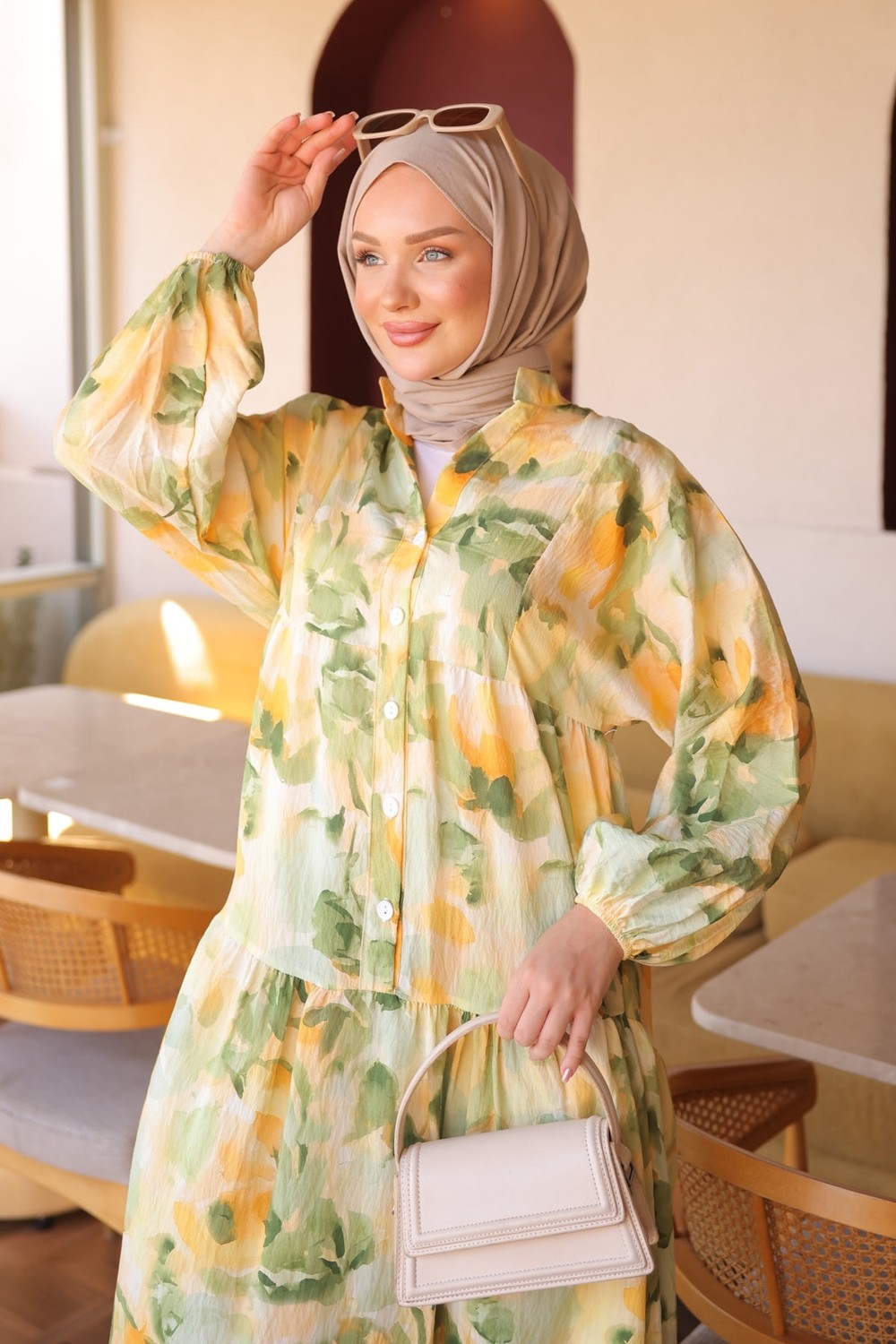 İmaj Butik Sarı Yarım Düğmeli Kol Lastikli Desenli Elbise görsel 4