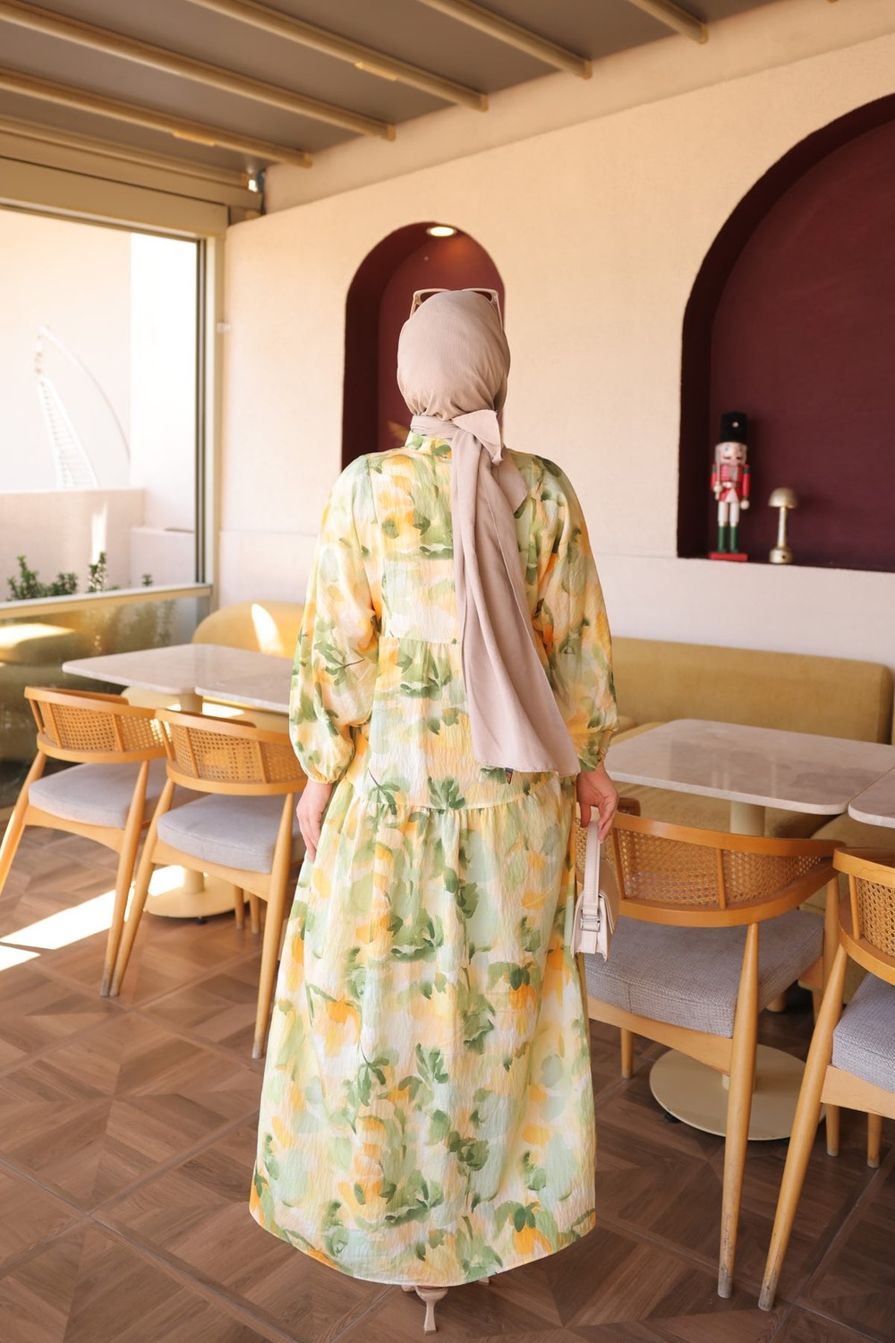 İmaj Butik Sarı Yarım Düğmeli Kol Lastikli Desenli Elbise görsel 5