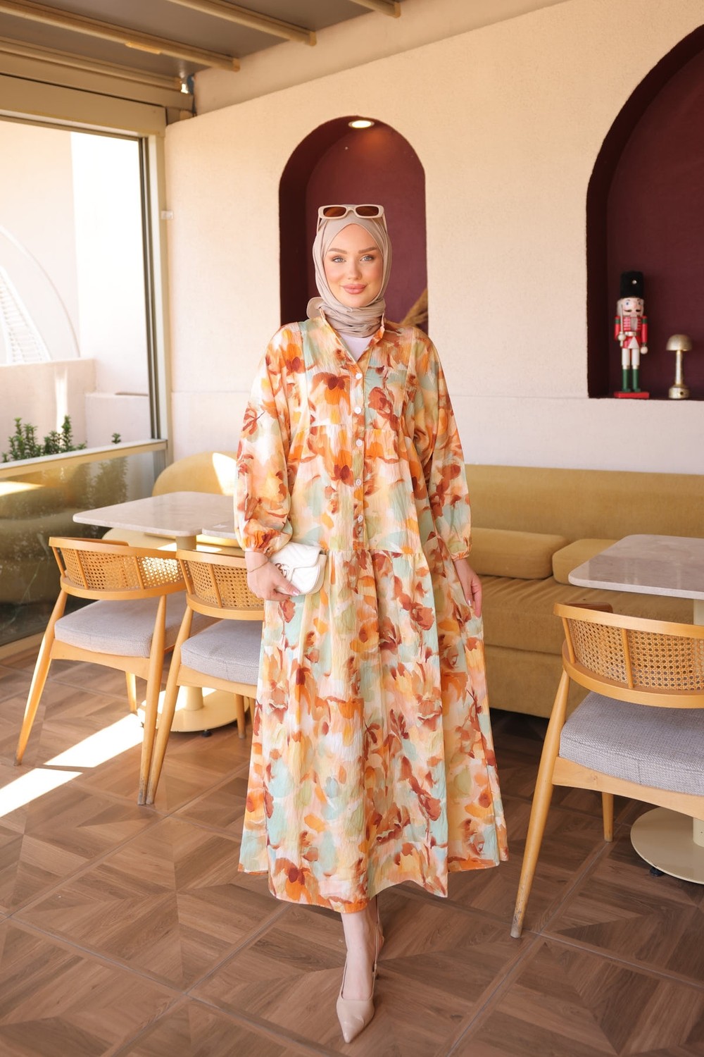 İmaj Butik Sarı Yarım Düğmeli Kol Lastikli Desenli Elbise görsel 6