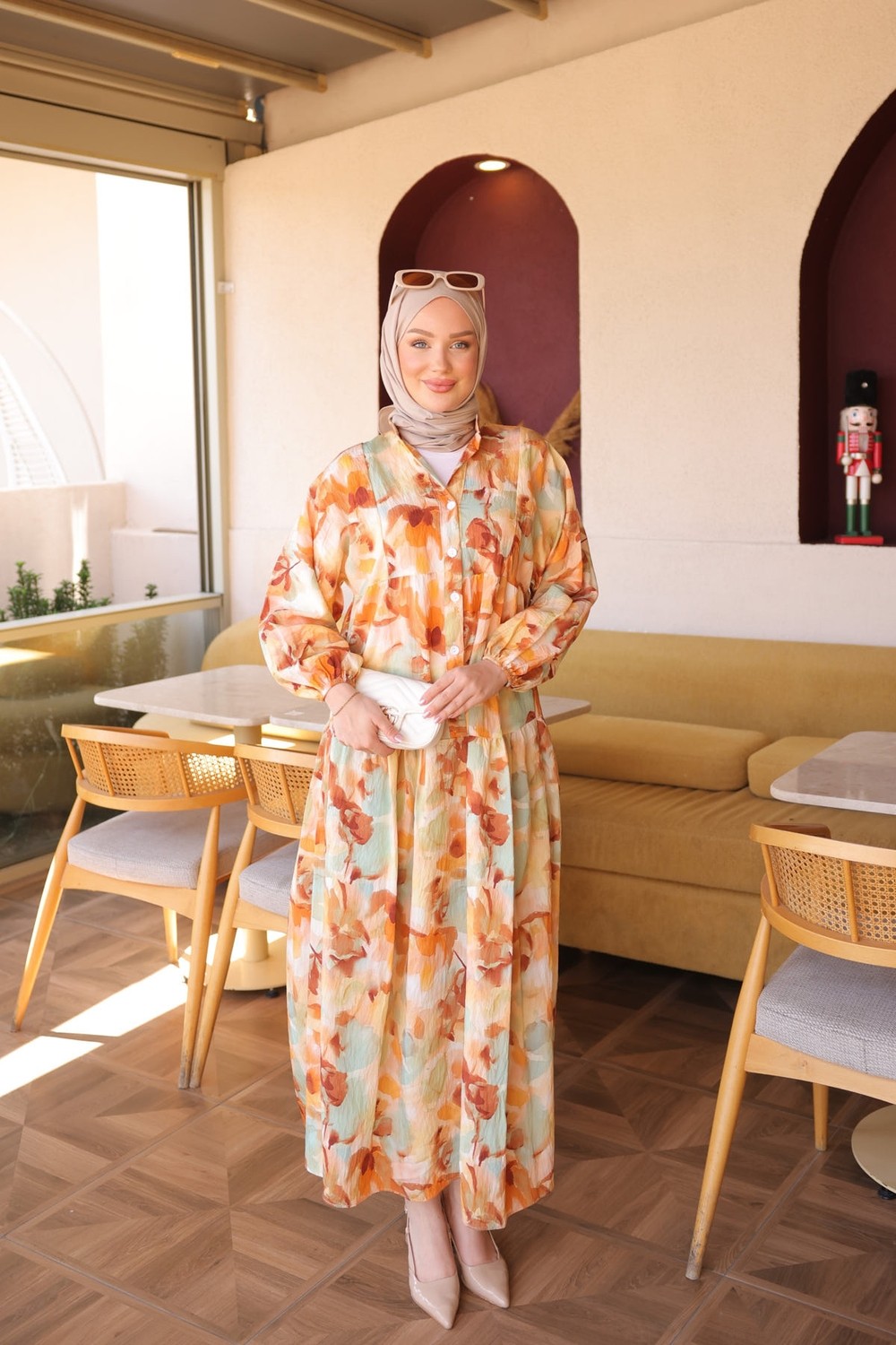 İmaj Butik Sarı Yarım Düğmeli Kol Lastikli Desenli Elbise görsel 7