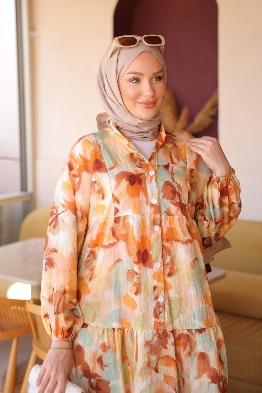 İmaj Butik Sarı Yarım Düğmeli Kol Lastikli Desenli Elbise görsel 8