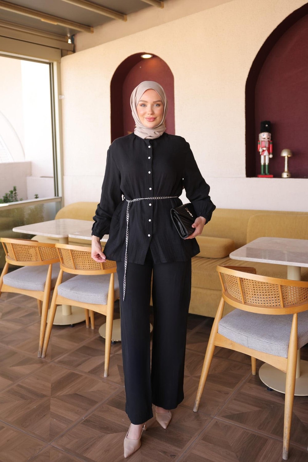 İmaj Butik Sarı Kol Lastikli Düğmeli Tunik Pantolonlu Takım