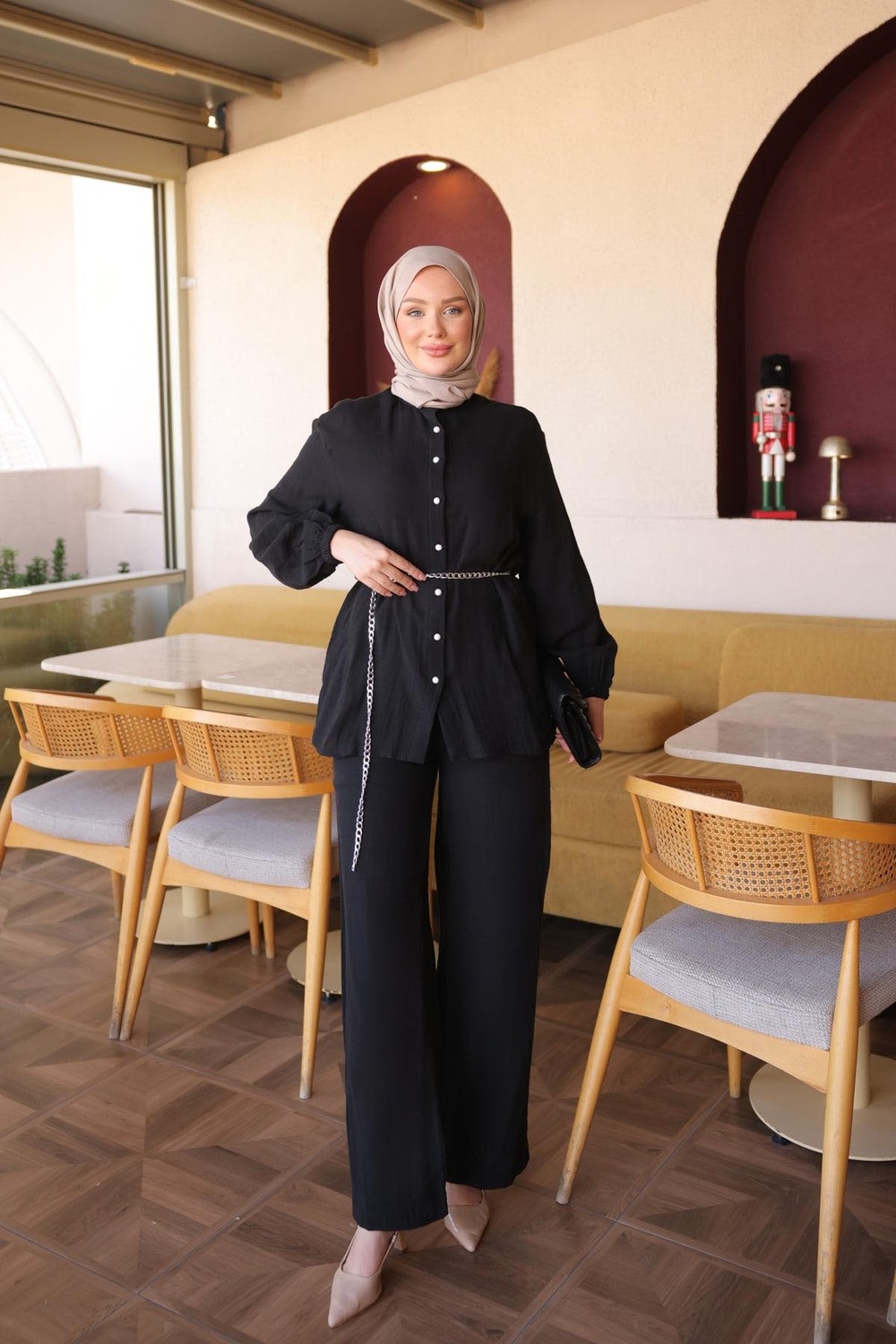 İmaj Butik Sarı Kol Lastikli Düğmeli Tunik Pantolonlu Takım görsel 2
