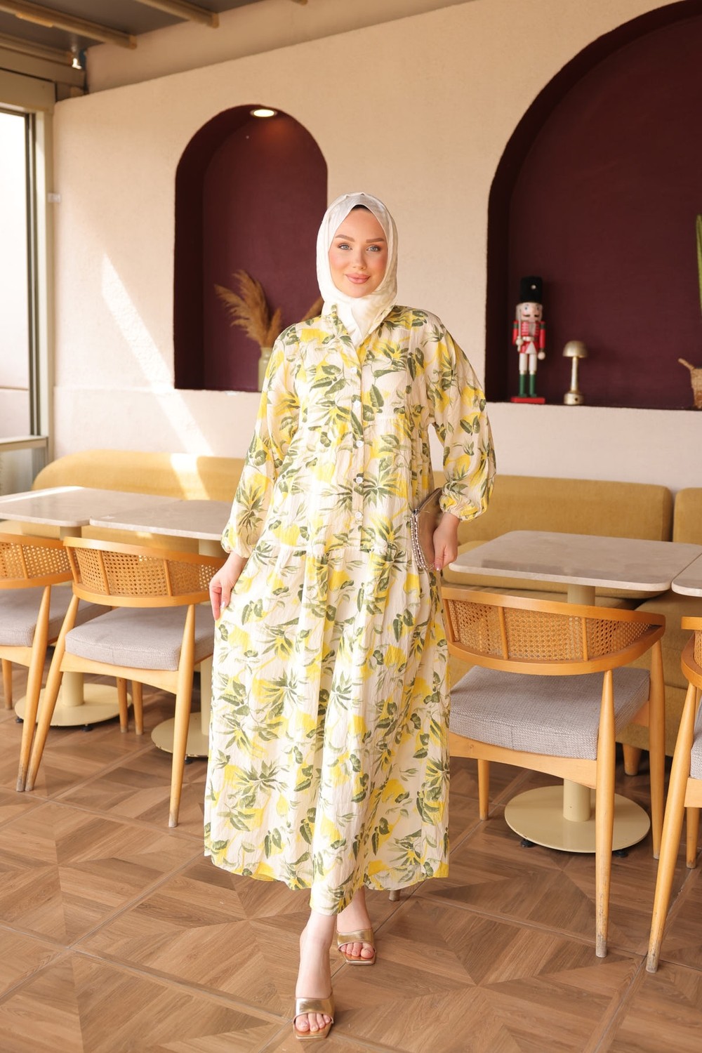İmaj Butik Pembe Yarım Düğmeli Kol Lastikli Desenli Elbise