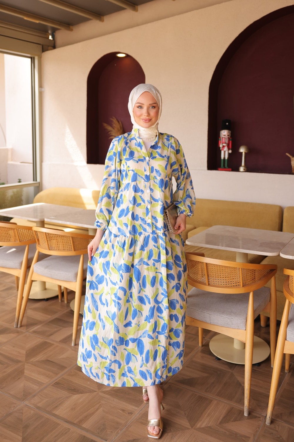 İmaj Butik Mürdüm Yarım Düğmeli Kol Lastikli Desenli Elbise görsel 5