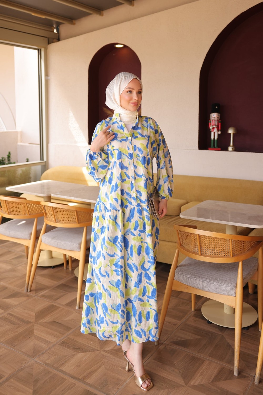 İmaj Butik Mürdüm Yarım Düğmeli Kol Lastikli Desenli Elbise görsel 6