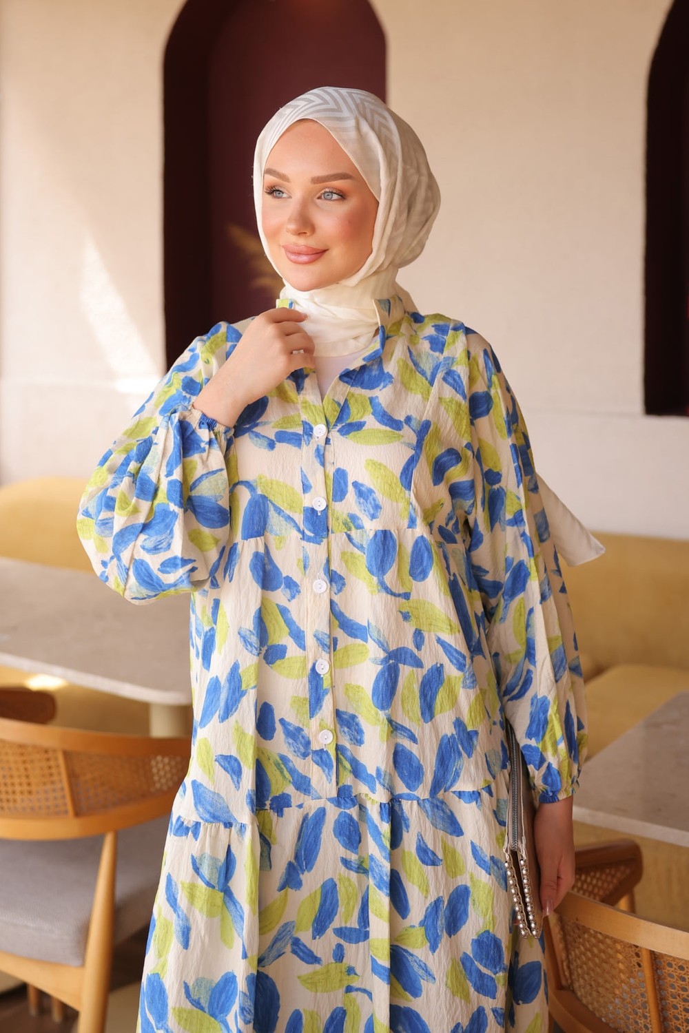 İmaj Butik Mürdüm Yarım Düğmeli Kol Lastikli Desenli Elbise görsel 8
