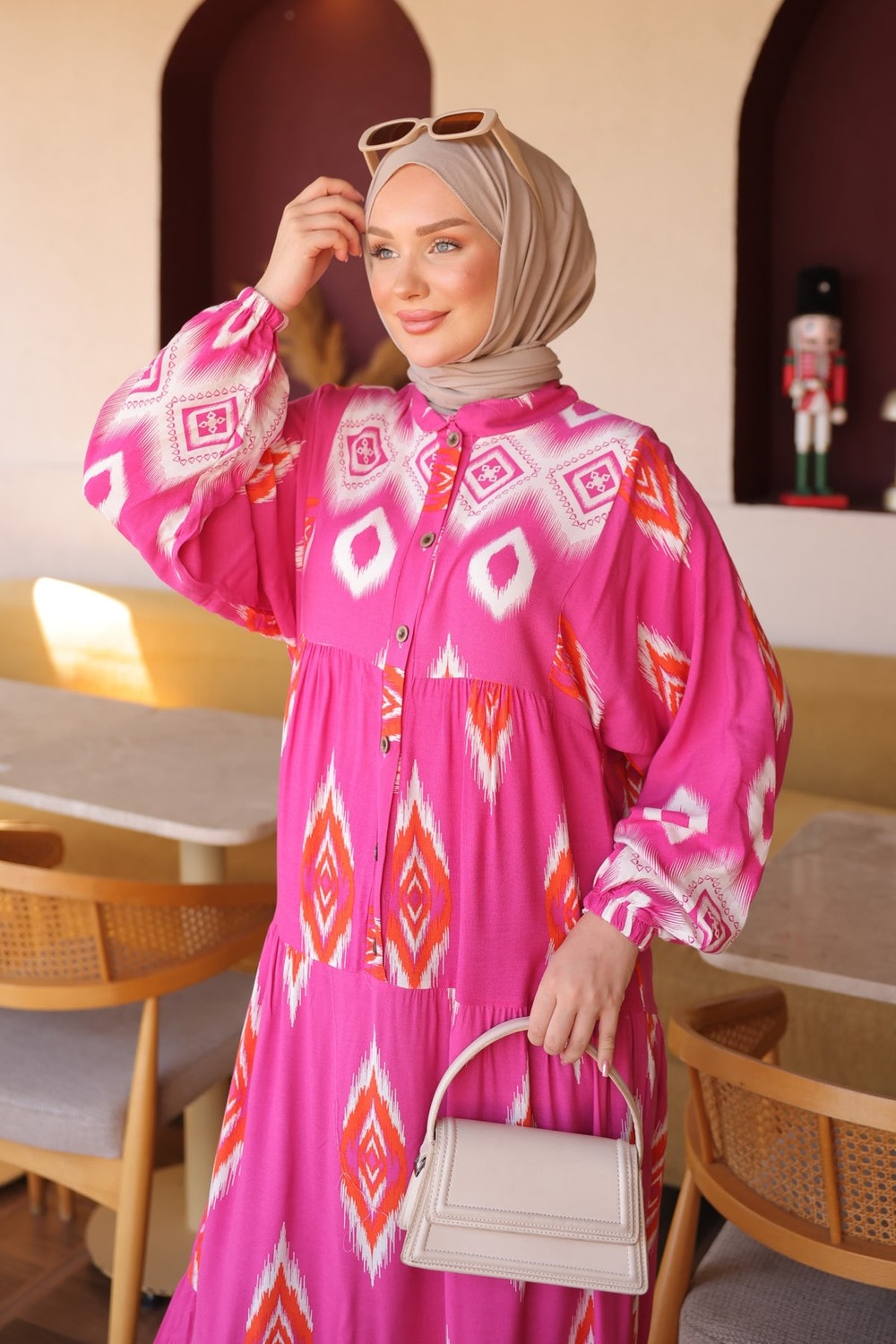 İmaj Butik Saks Mavi Yarım Düğmeli Kol Lastikli Eteği Katlı Viskon Elbise görsel 4