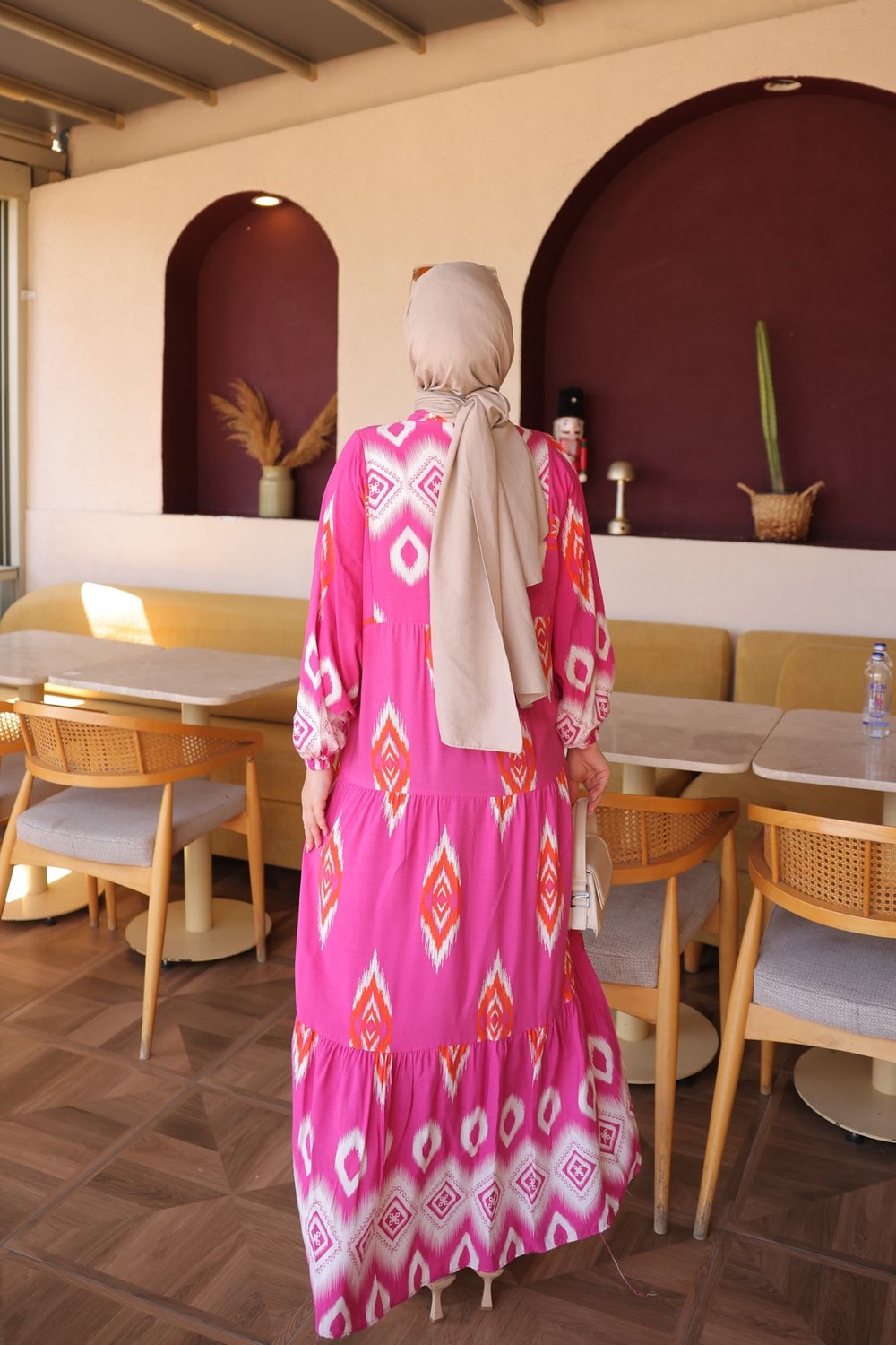 İmaj Butik Saks Mavi Yarım Düğmeli Kol Lastikli Eteği Katlı Viskon Elbise görsel 5