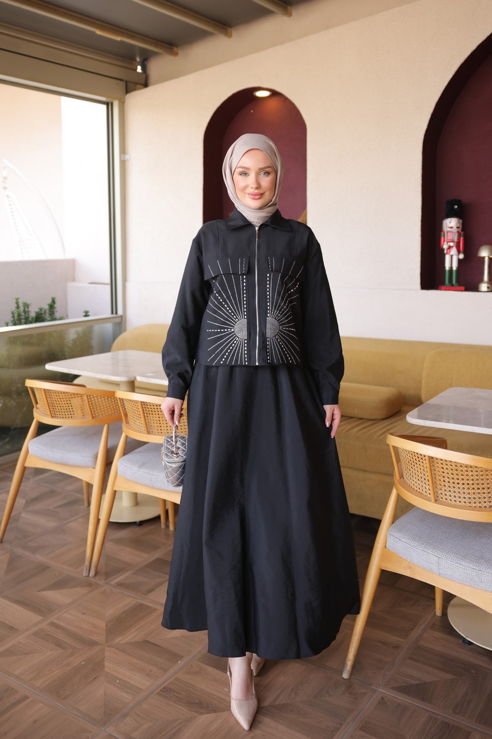 İmaj Butik Kahverengi Taş Detaylı Ceket Etekli Takım