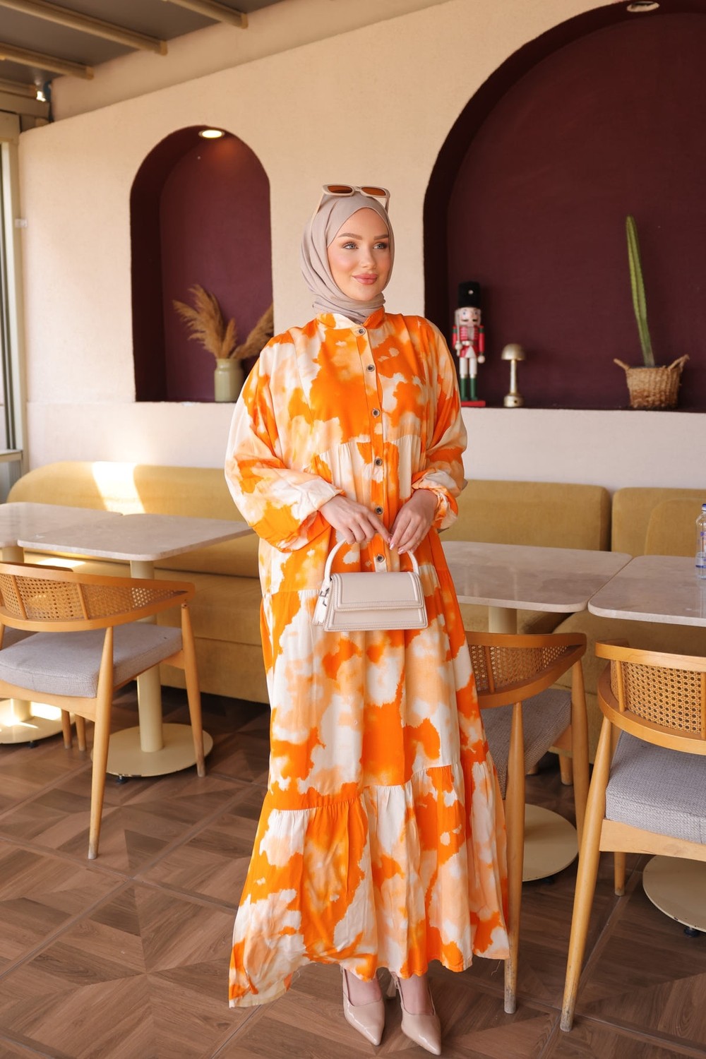 İmaj Butik Yeşil Yarım Düğmeli Kol Lastikli Eteği Katlı Viskon Elbise görsel 2