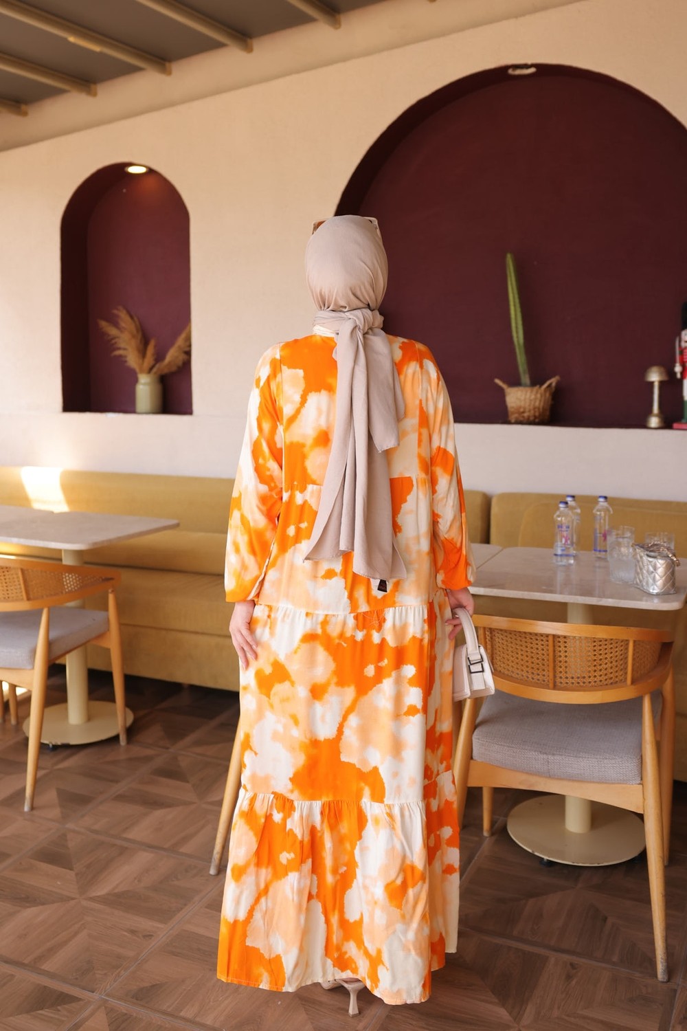 İmaj Butik Yeşil Yarım Düğmeli Kol Lastikli Eteği Katlı Viskon Elbise görsel 5