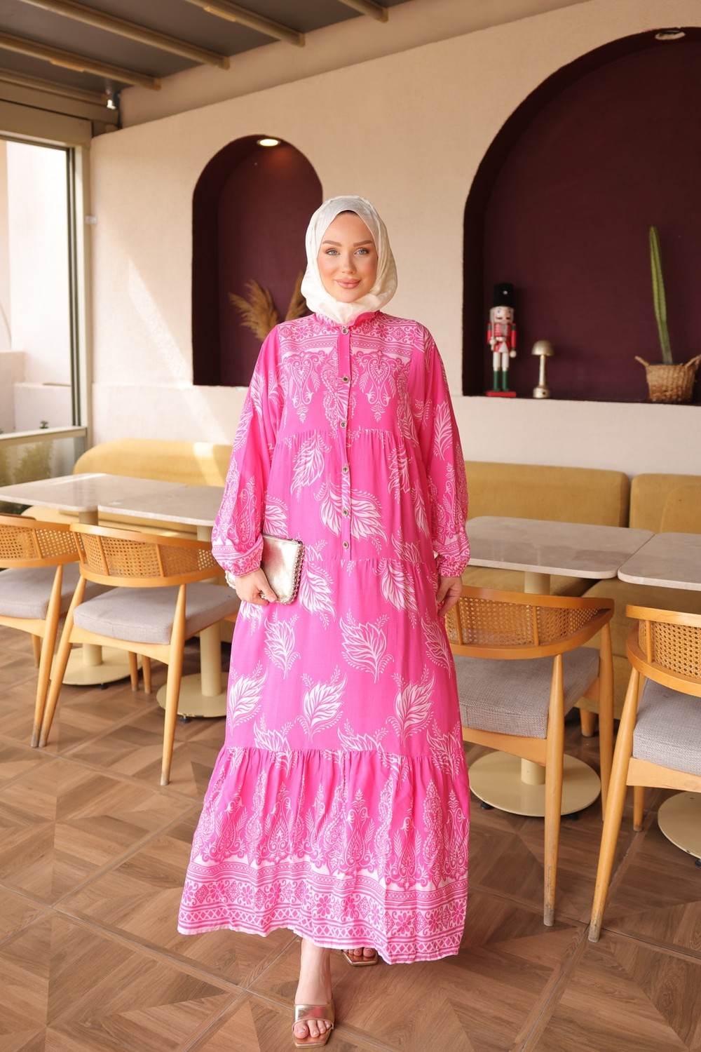 İmaj Butik Siyah Yarım Düğmeli Kol Lastikli Eteği Katlı Viskon Elbise görsel 6