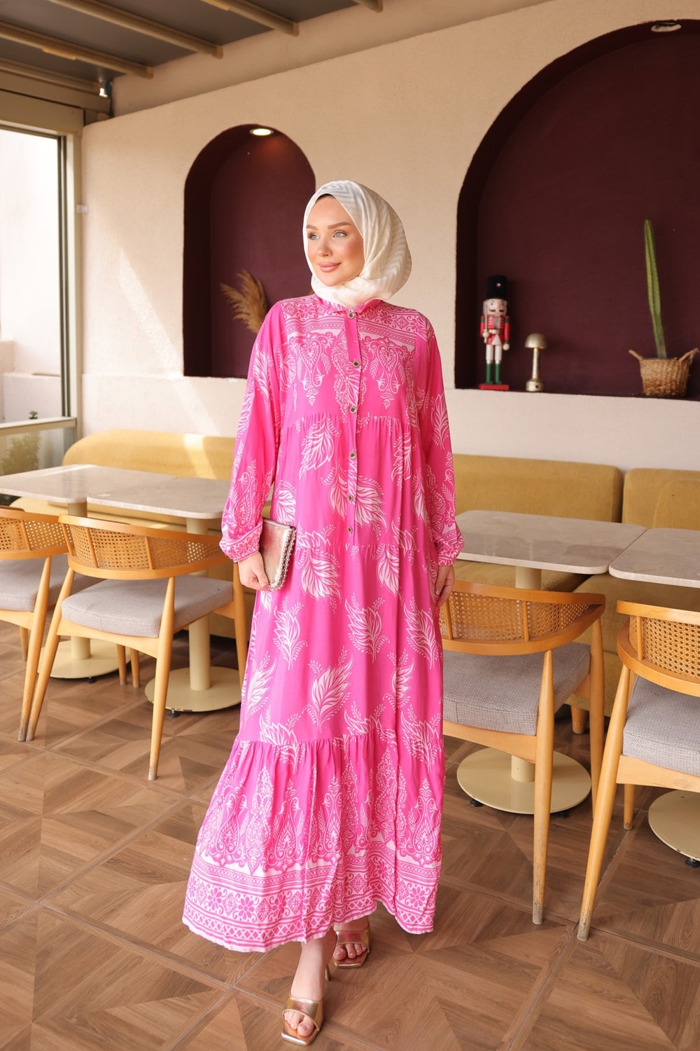 İmaj Butik Siyah Yarım Düğmeli Kol Lastikli Eteği Katlı Viskon Elbise görsel 7