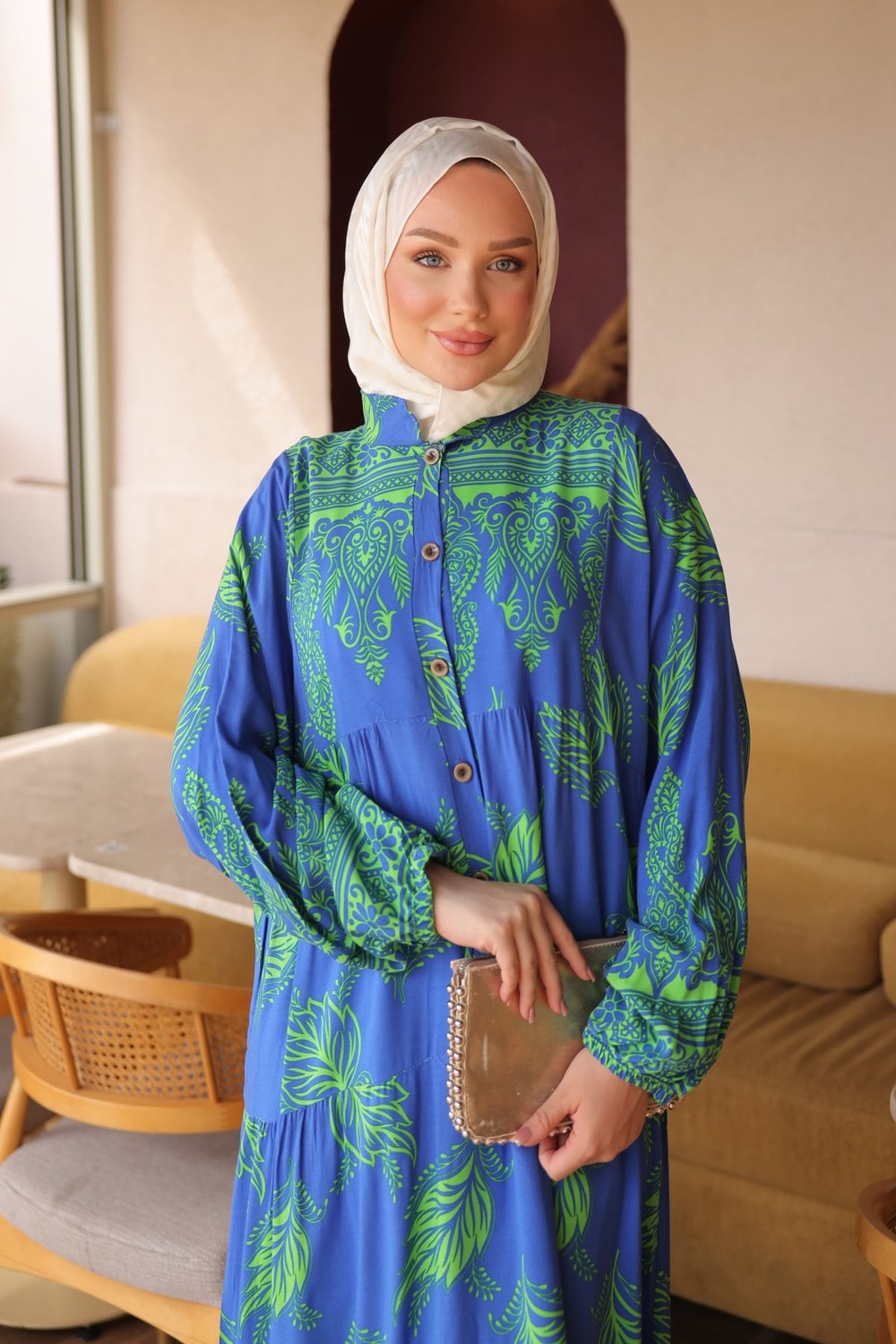 İmaj Butik Siyah Yarım Düğmeli Kol Lastikli Eteği Katlı Viskon Elbise görsel 3