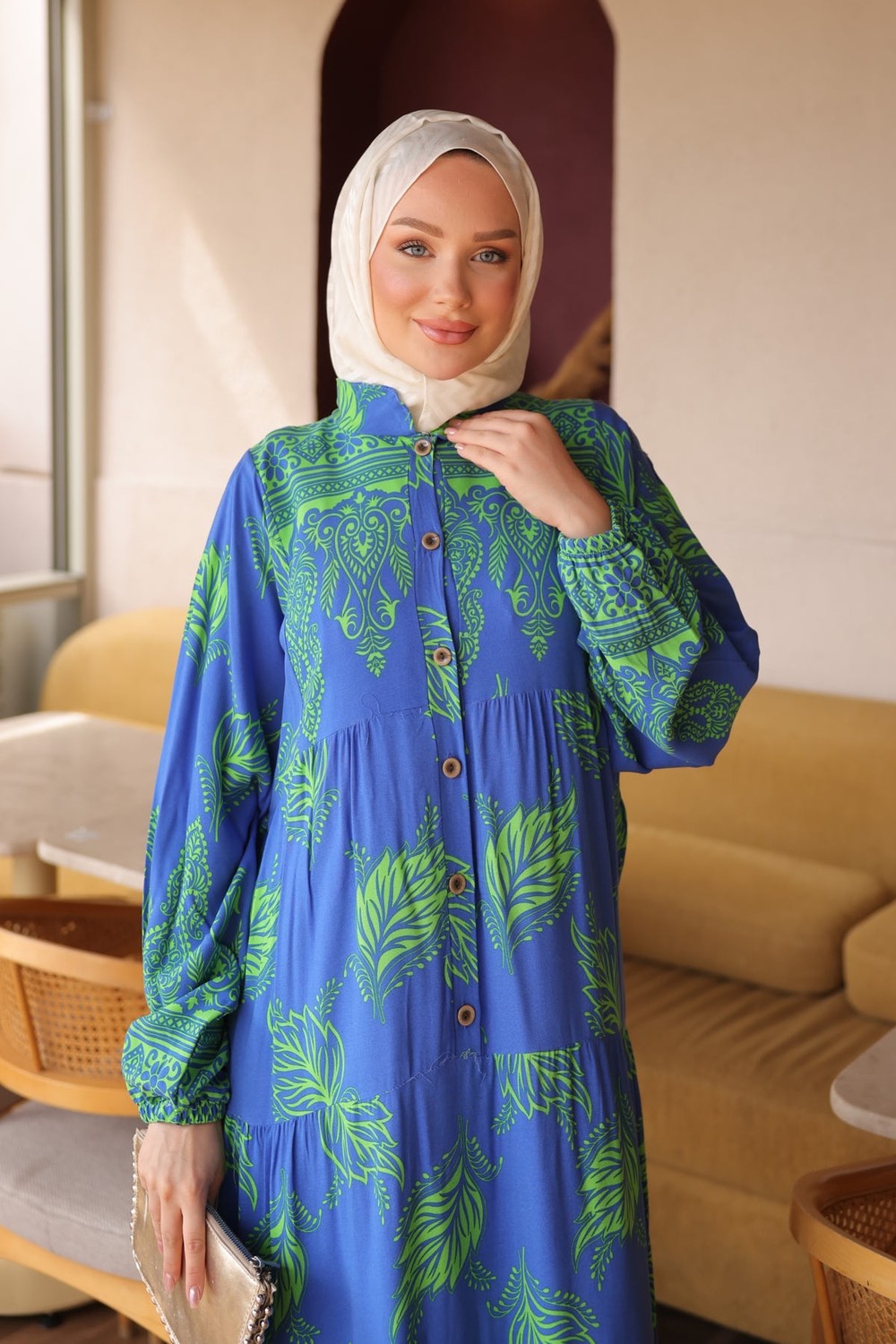 İmaj Butik Siyah Yarım Düğmeli Kol Lastikli Eteği Katlı Viskon Elbise görsel 4