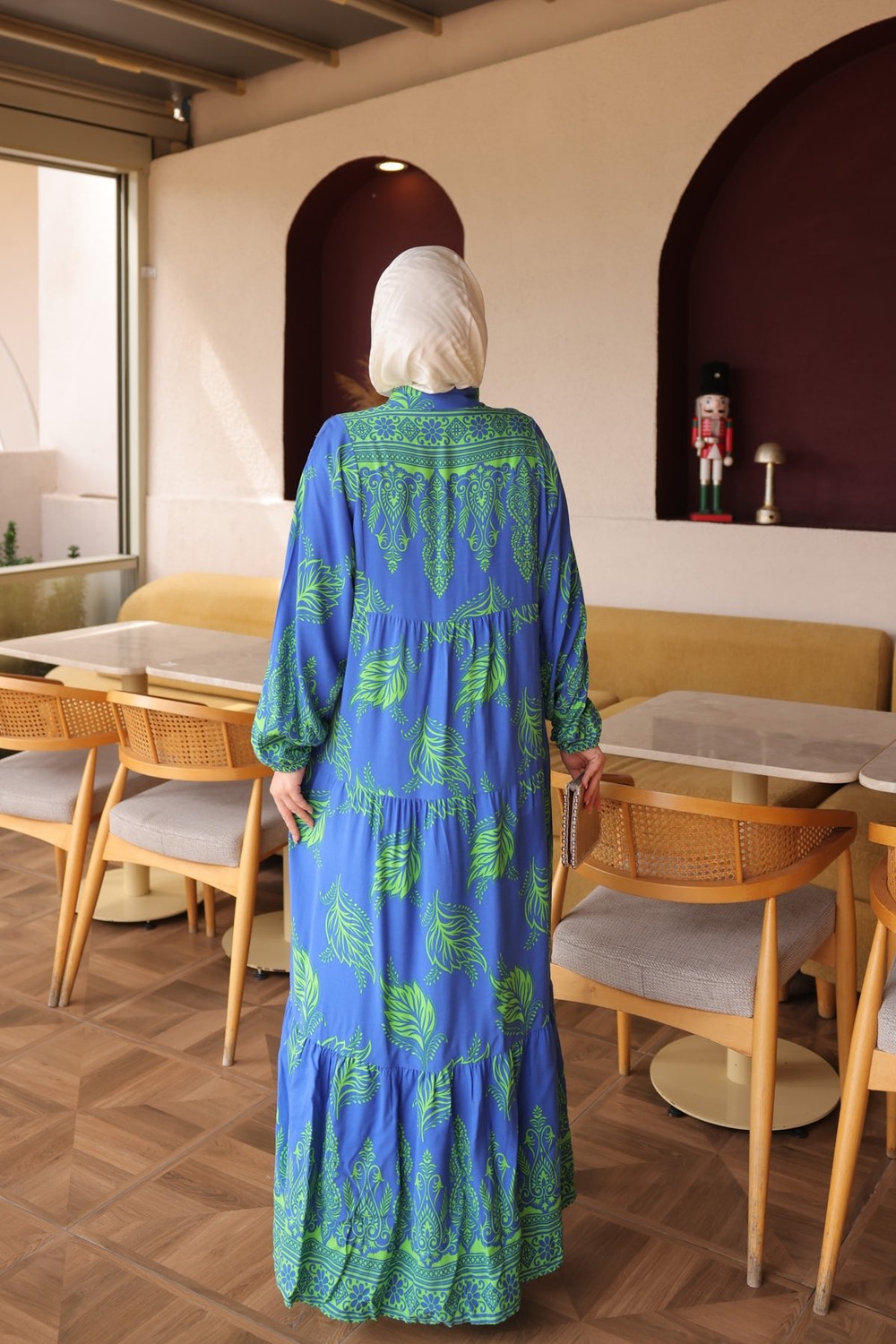 İmaj Butik Siyah Yarım Düğmeli Kol Lastikli Eteği Katlı Viskon Elbise görsel 5