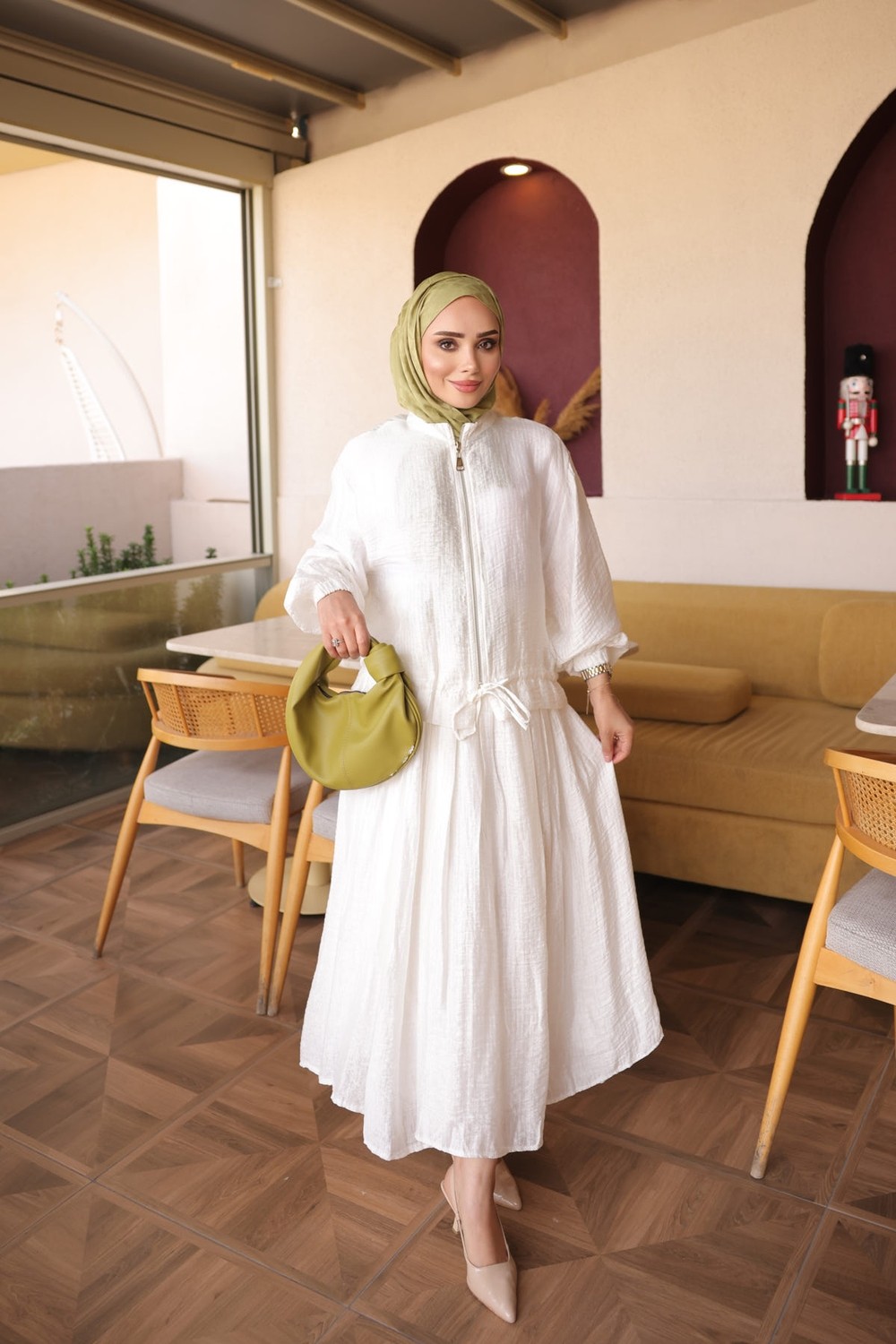 İmaj Butik Sarı Büzgü Bel Detaylı Fermuarlı Gömlek Etekli Takım