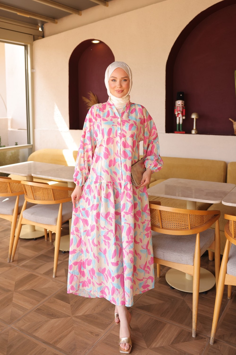 İmaj Butik Mürdüm Yarım Düğmeli Kol Lastikli Desenli Elbise