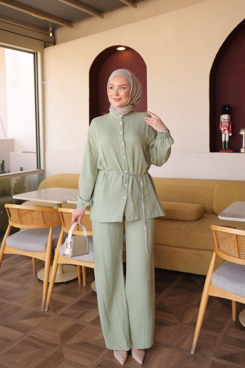 İmaj Butik Sarı Kol Lastikli Düğmeli Tunik Pantolonlu Takım
