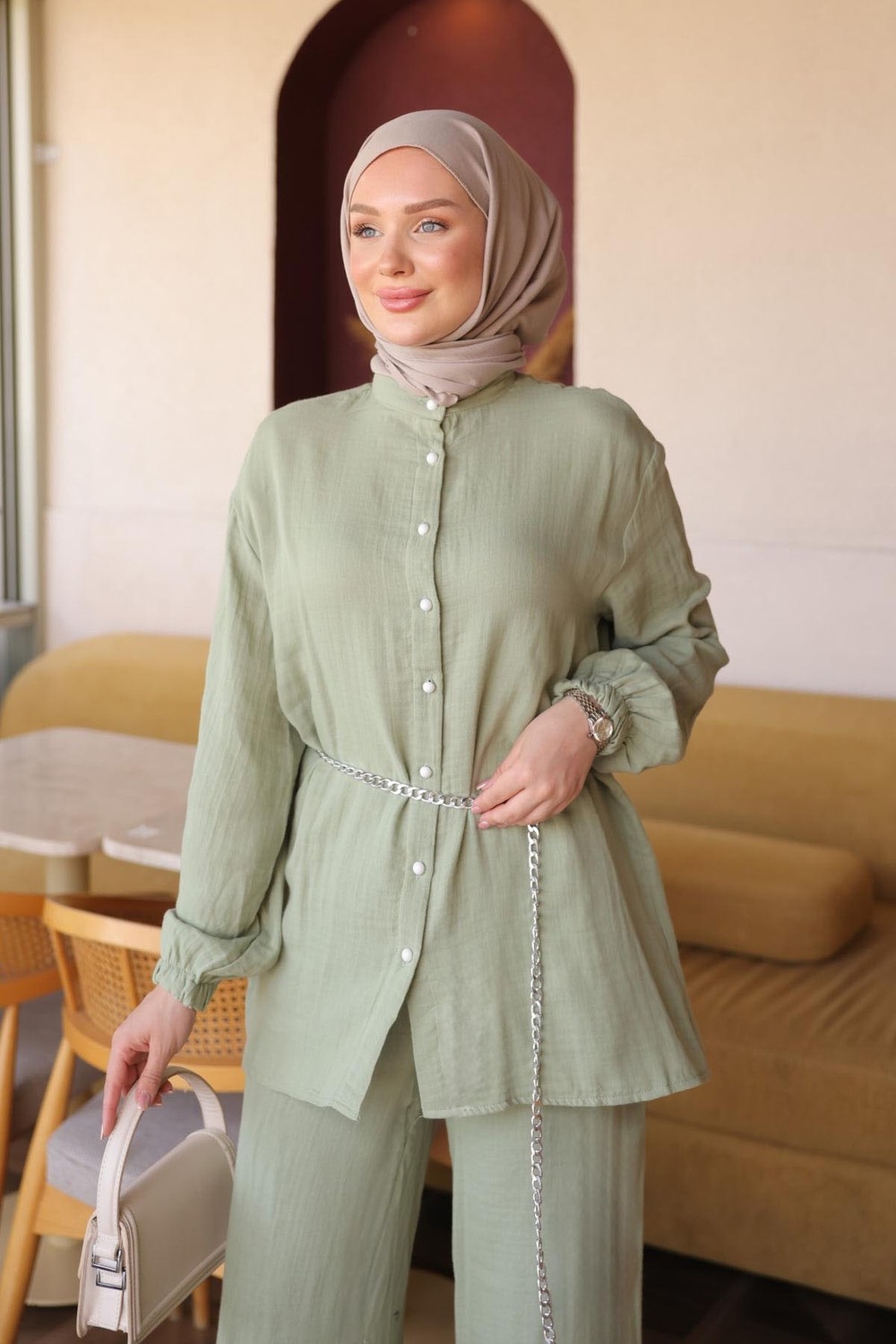 İmaj Butik Sarı Kol Lastikli Düğmeli Tunik Pantolonlu Takım görsel 6