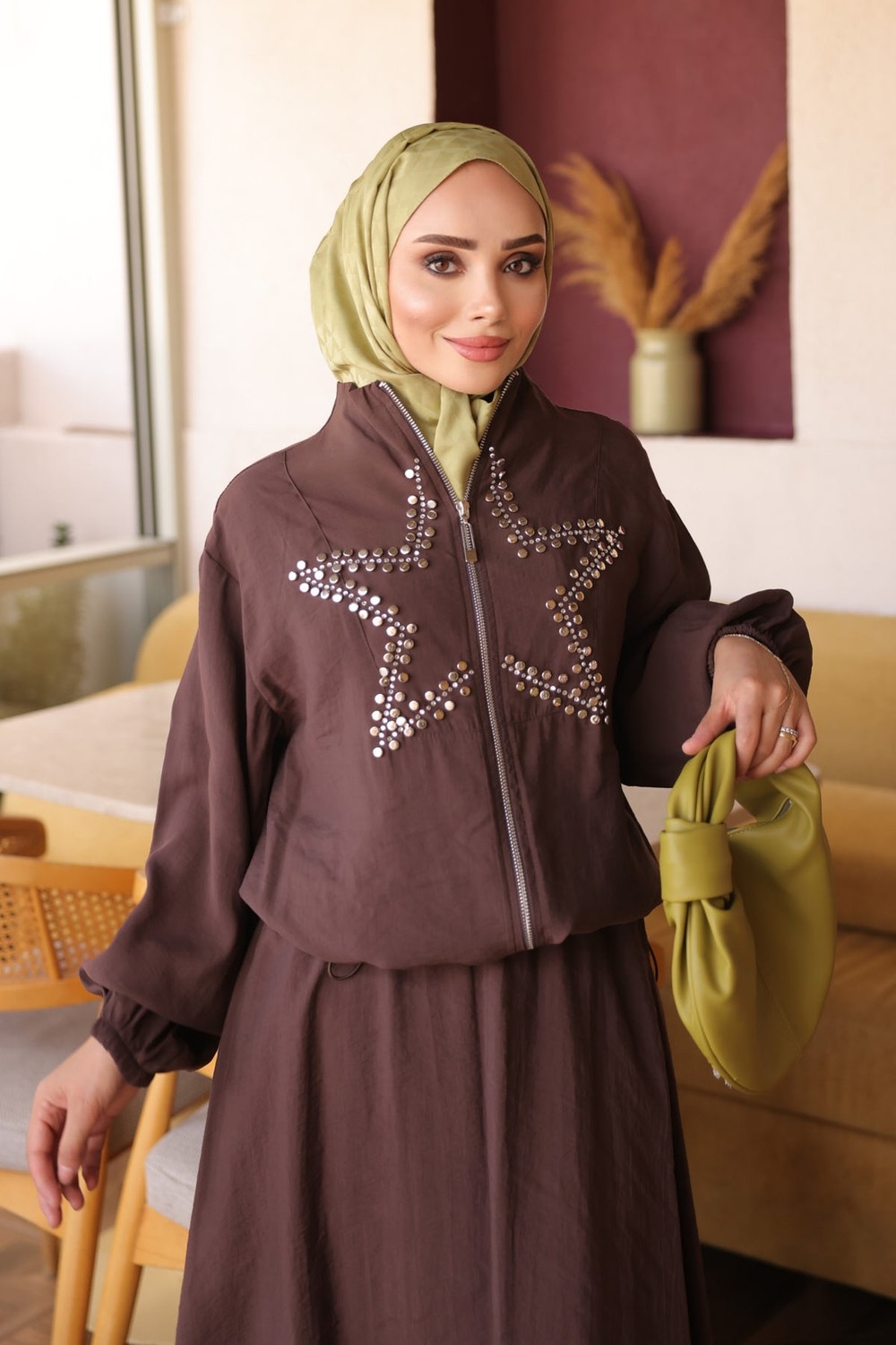 İmaj Butik Antrasit Yıldız Taş Işlemeli Ceket Etekli Takım görsel 3
