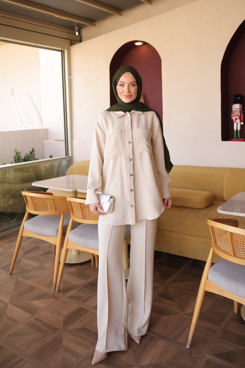 İmaj Butik Siyah Gömlek Yaka Garni Detaylı Tunik Pantolon Takım