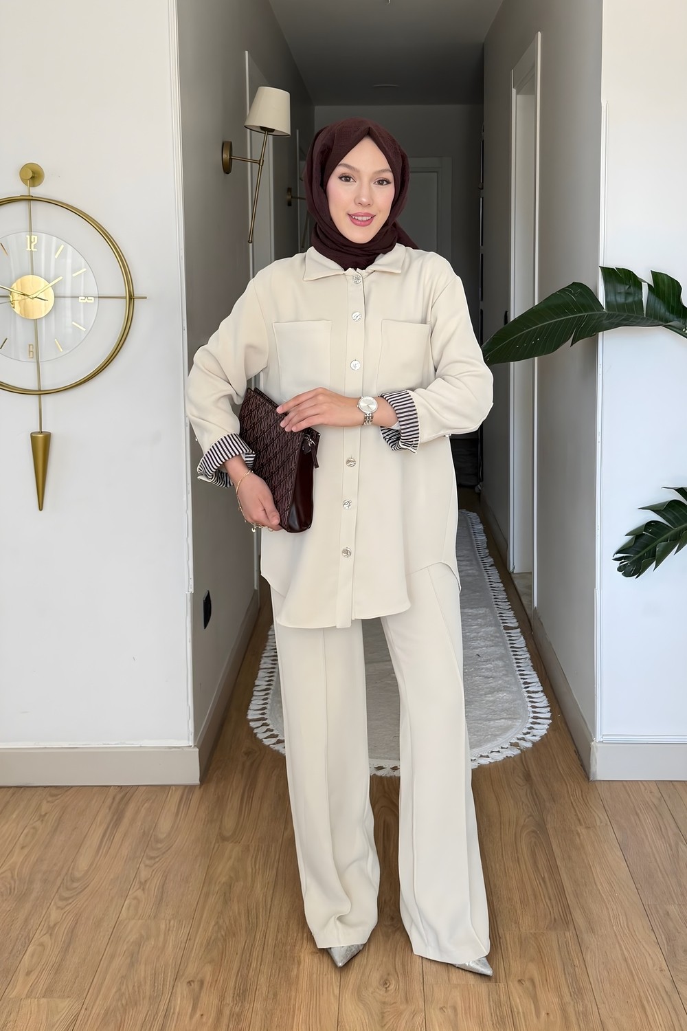 İmaj Butik Siyah Gömlek Yaka Garni Detaylı Tunik Pantolon Takım görsel 2