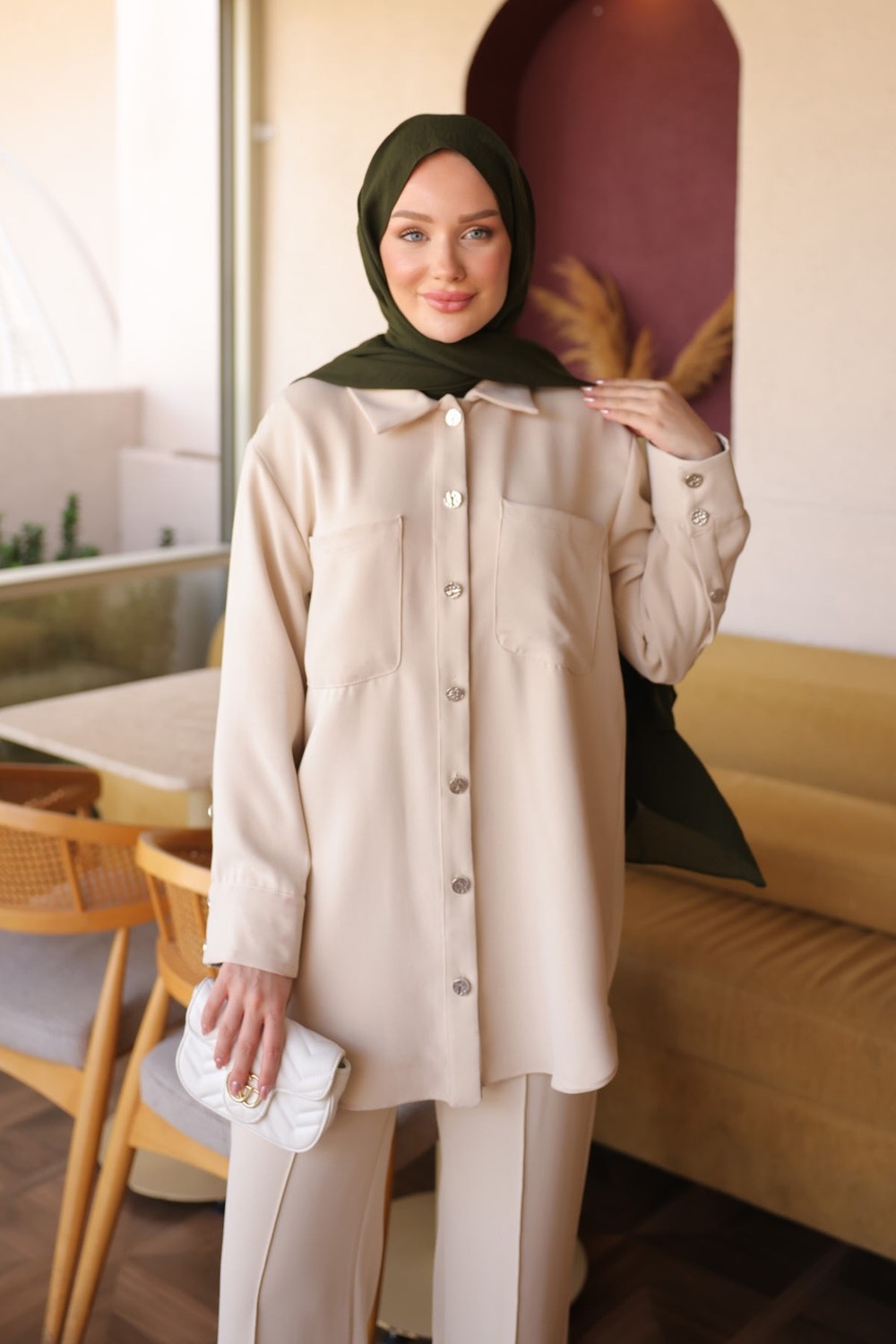 İmaj Butik Siyah Gömlek Yaka Garni Detaylı Tunik Pantolon Takım görsel 3