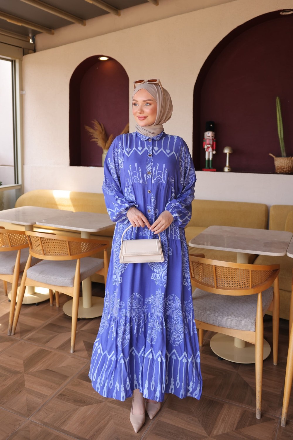 İmaj Butik Kahverengi Yarım Düğmeli Kol Lastikli Eteği Katlı Viskon Elbise görsel 6