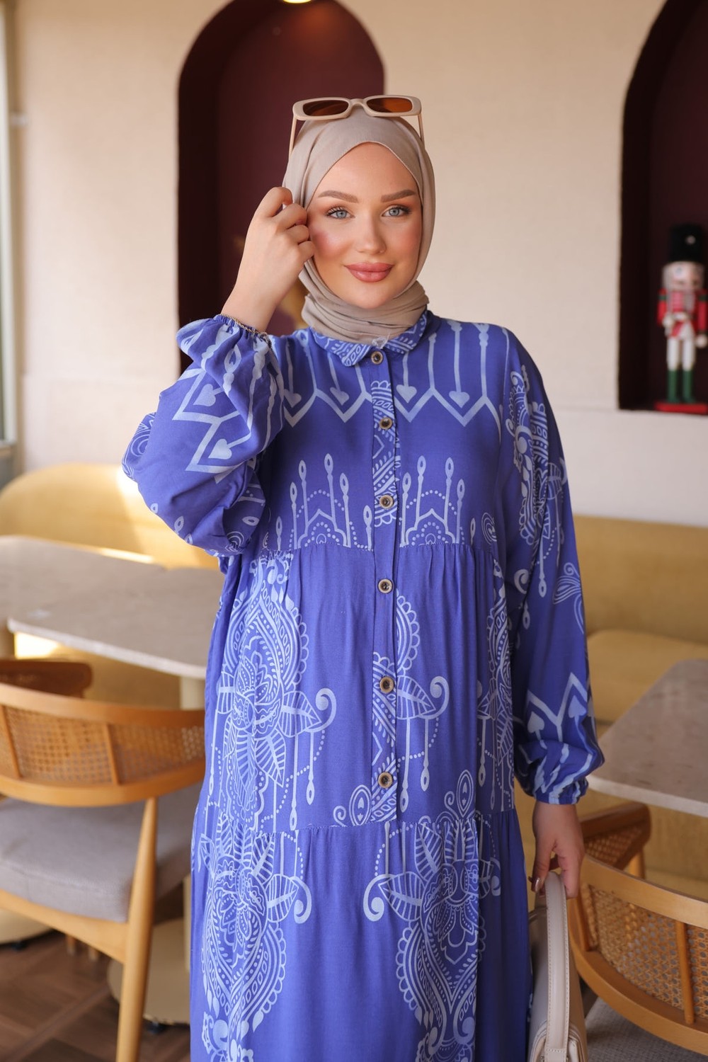 İmaj Butik Kahverengi Yarım Düğmeli Kol Lastikli Eteği Katlı Viskon Elbise görsel 8