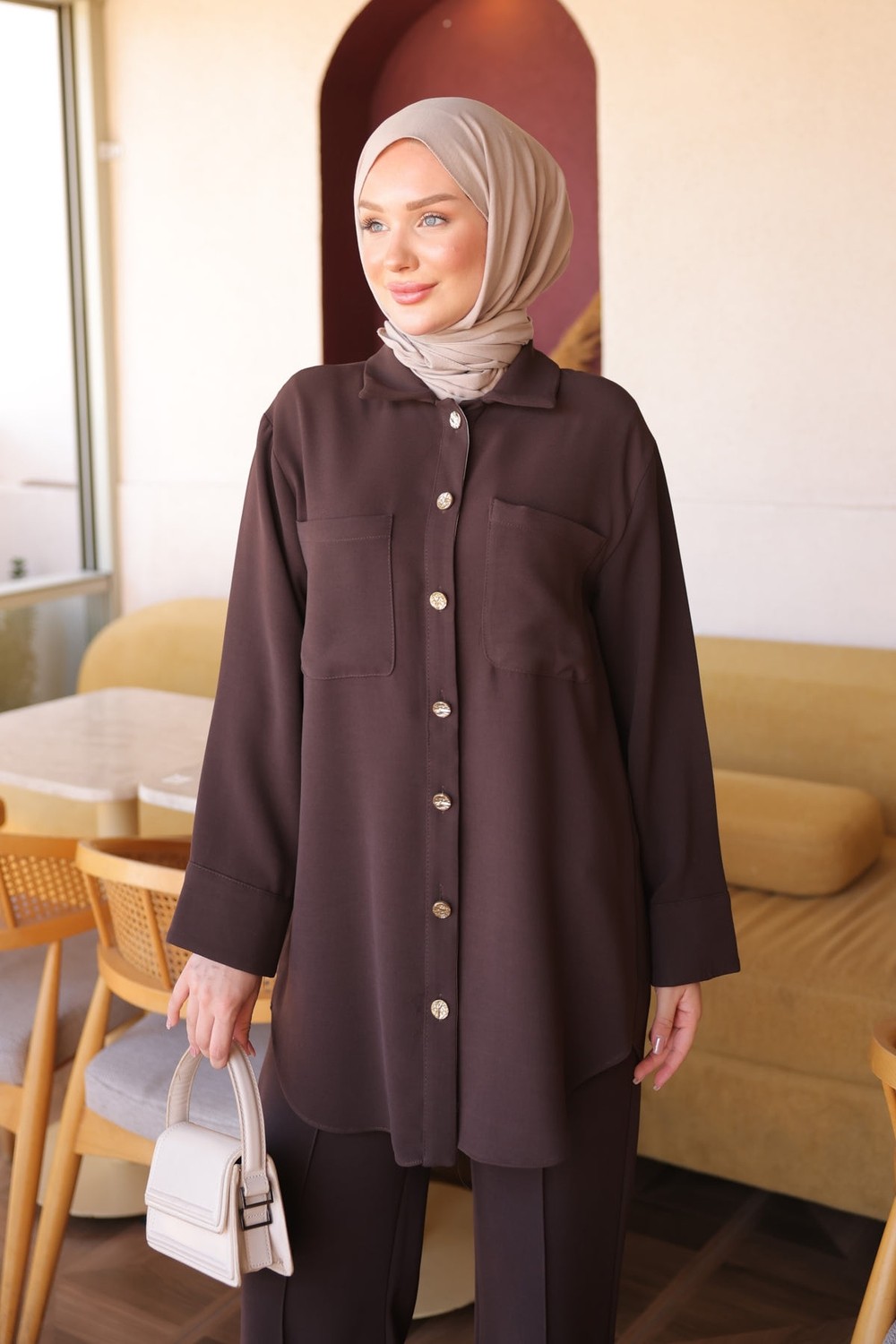 İmaj Butik Siyah Gömlek Yaka Garni Detaylı Tunik Pantolon Takım görsel 7