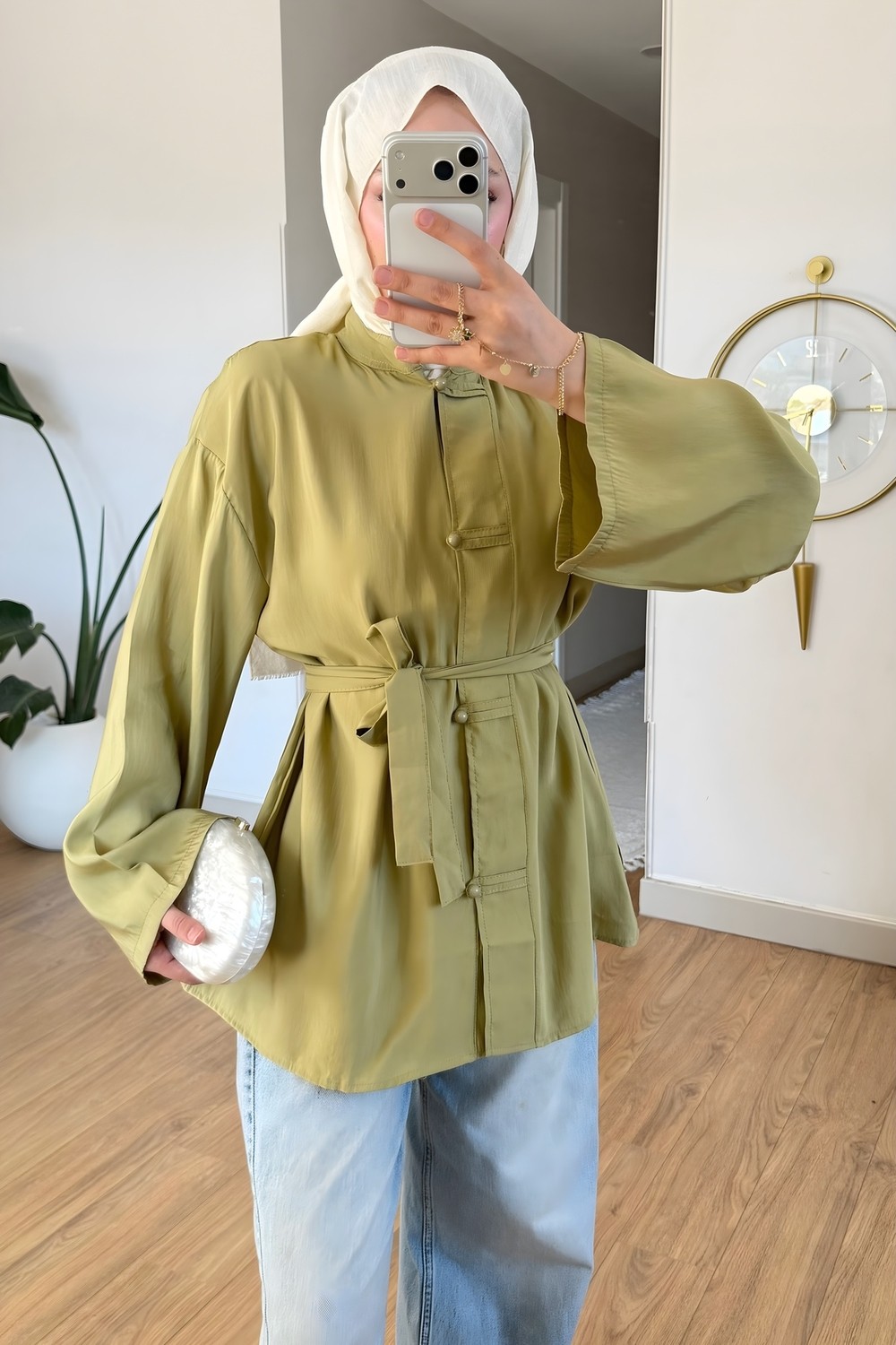 İmaj Butik Yağ Yeşili Düğmeli Kuşaklı Tunik