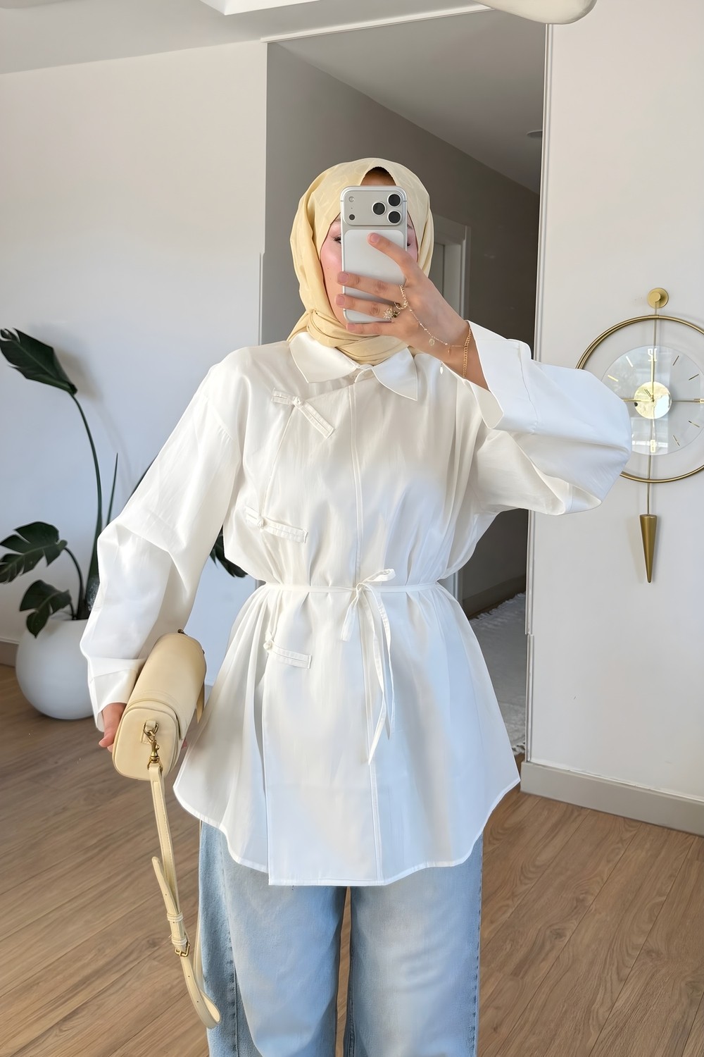 İmaj Butik Ekru Biye Bağcıklı Salaş Tunik