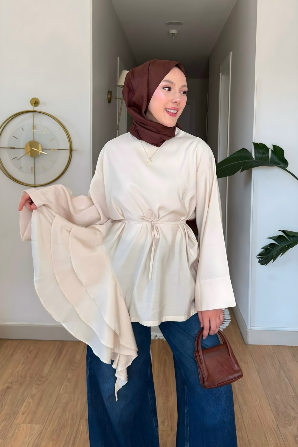 İmaj Butik Bej Eteği Volanlı Bel Bağlamalı Tunik