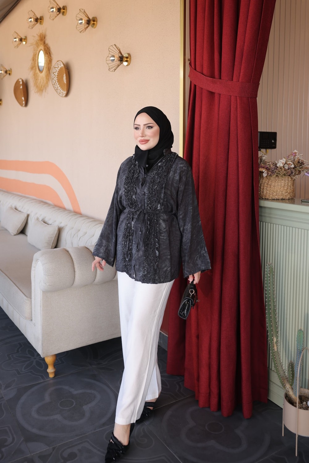 İmaj Butik Kahverengi Bel Bağlamalı Fırfırlı Desenli Gömlek görsel 6