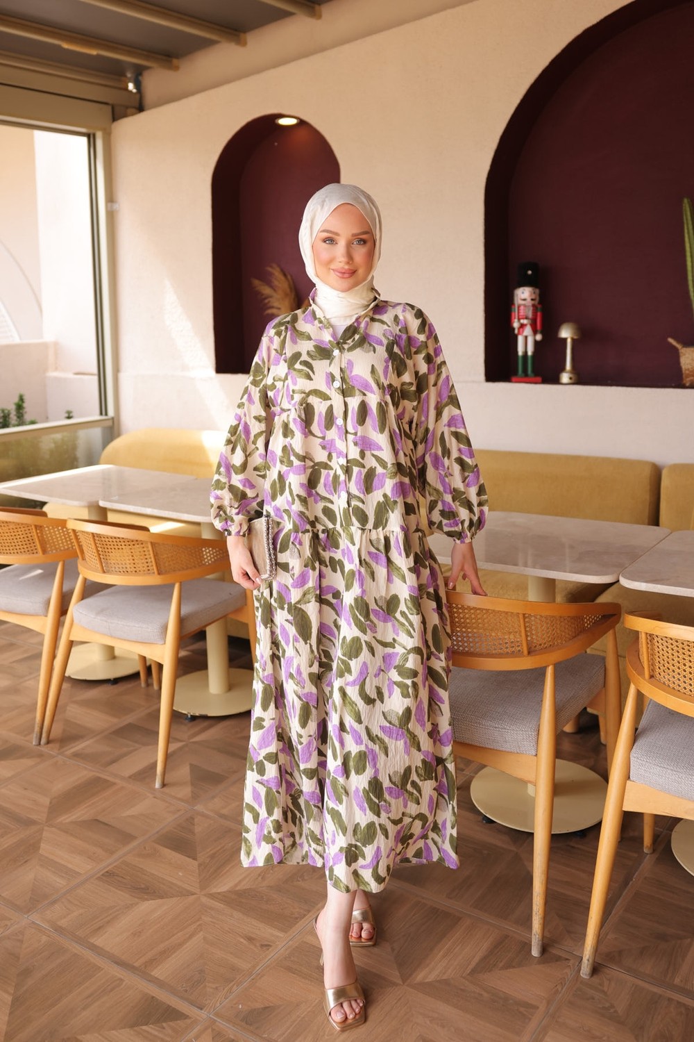 İmaj Butik Mürdüm Yarım Düğmeli Kol Lastikli Desenli Elbise