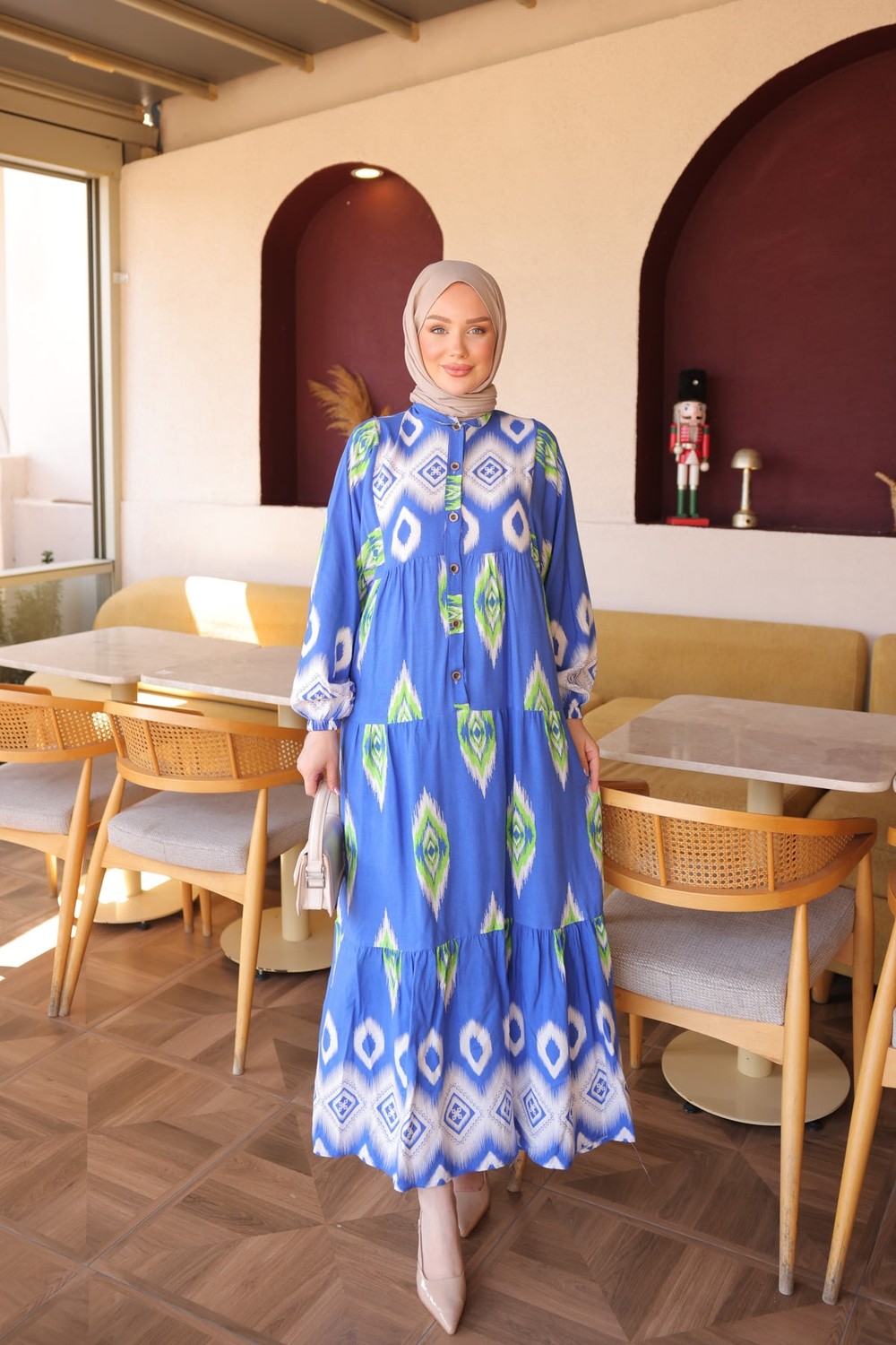 İmaj Butik Saks Mavi Yarım Düğmeli Kol Lastikli Eteği Katlı Viskon Elbise görsel 6