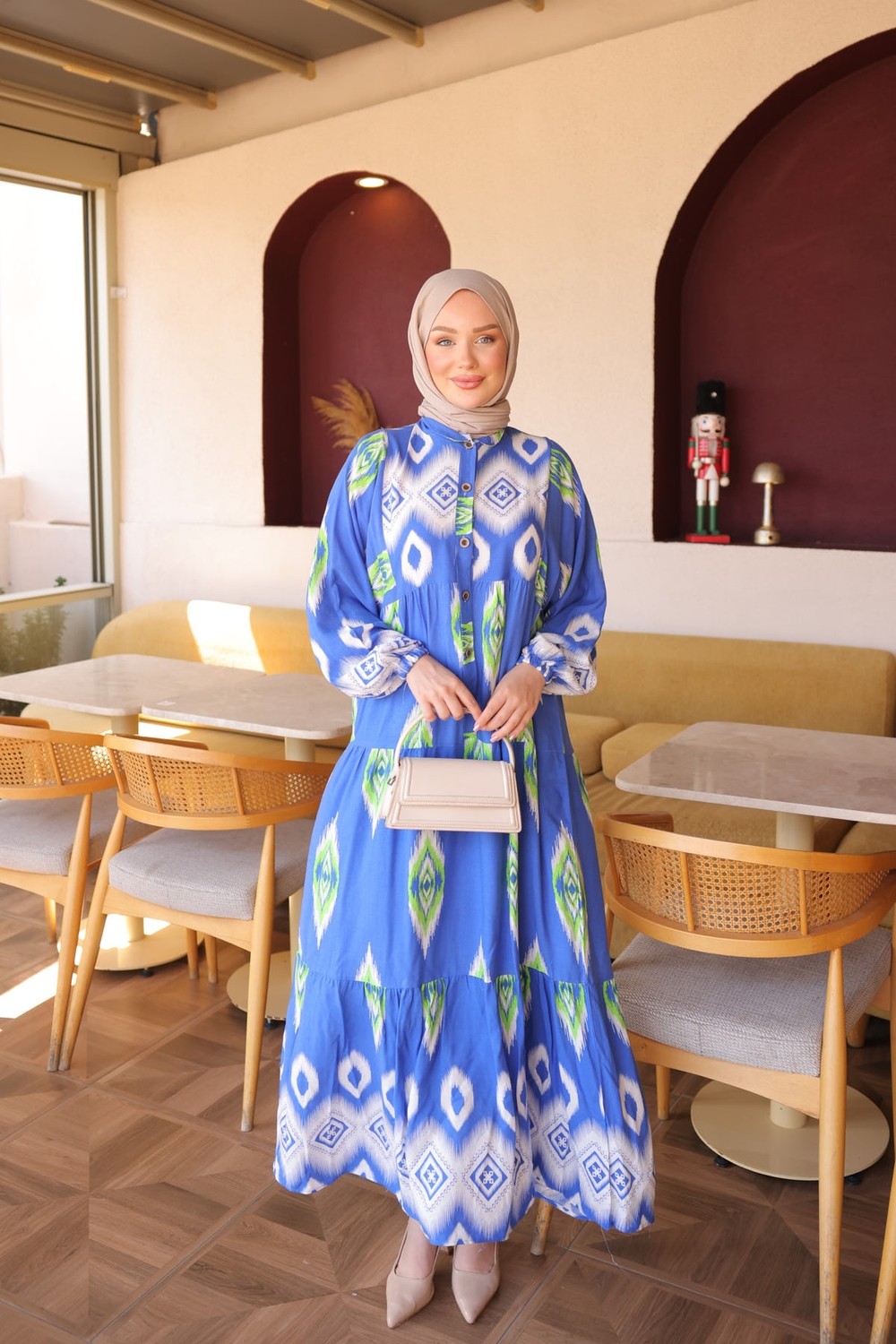 İmaj Butik Saks Mavi Yarım Düğmeli Kol Lastikli Eteği Katlı Viskon Elbise görsel 7