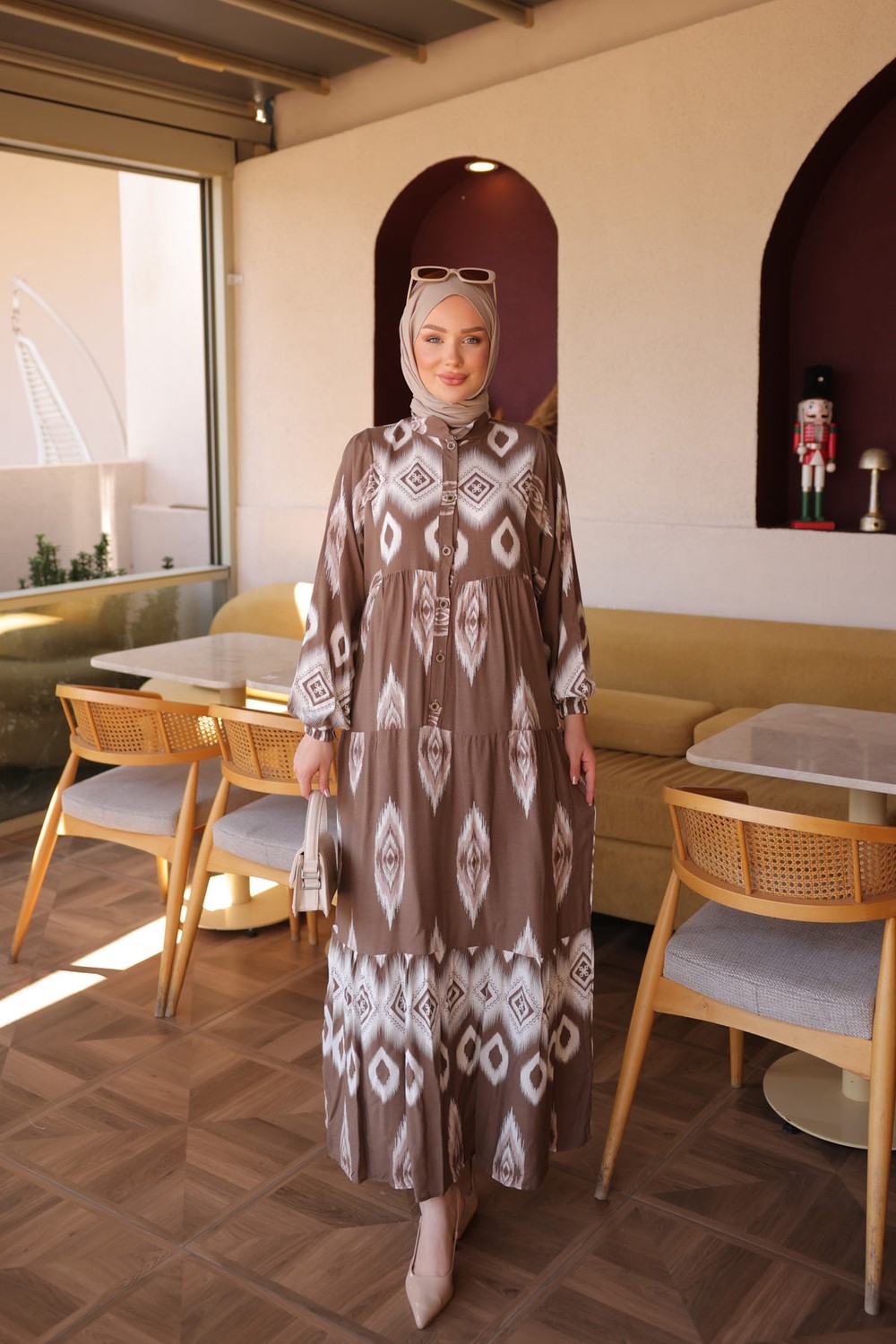 İmaj Butik Saks Mavi Yarım Düğmeli Kol Lastikli Eteği Katlı Viskon Elbise