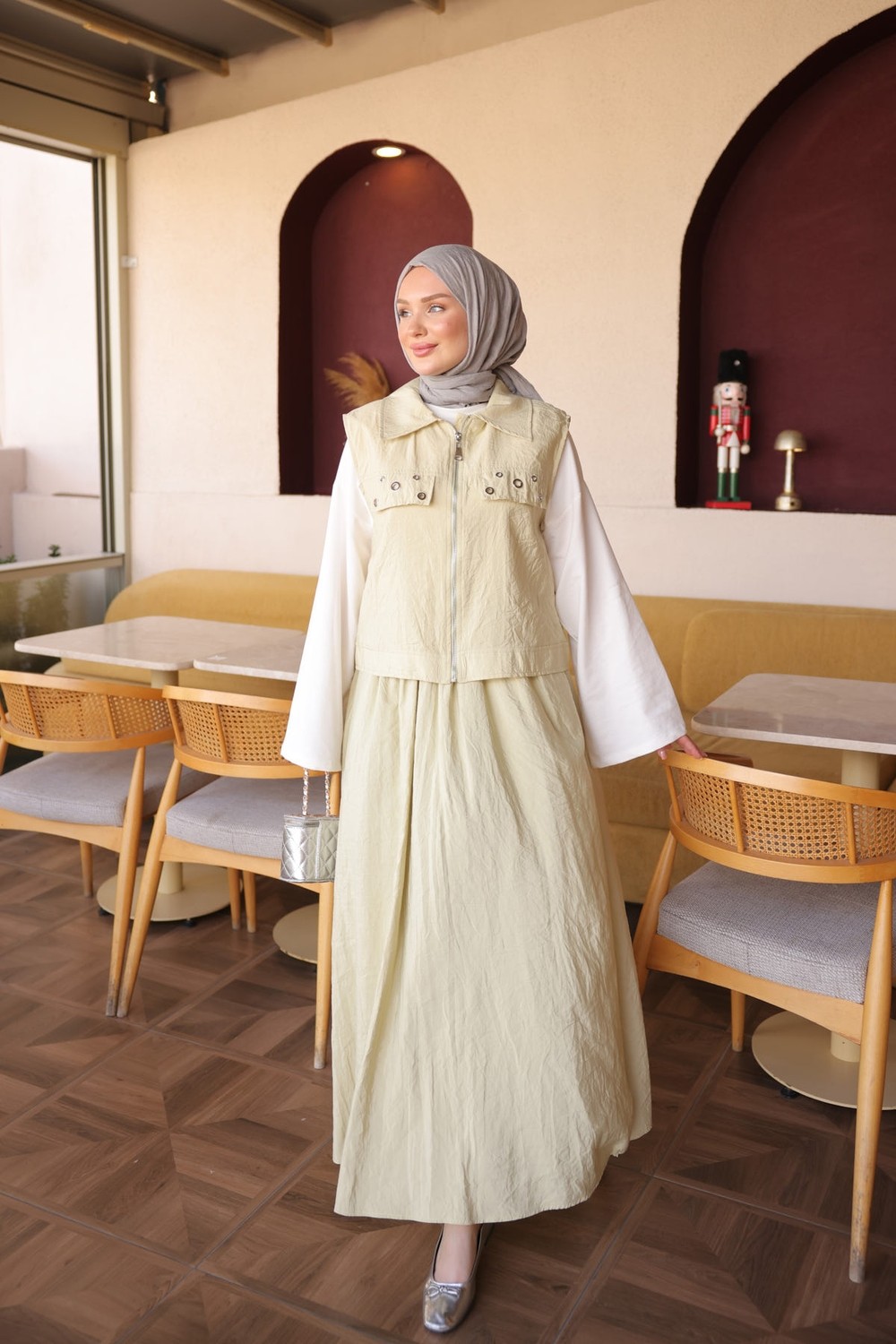 İmaj Butik Olive Fermuarlı Yelek Etekli Takım