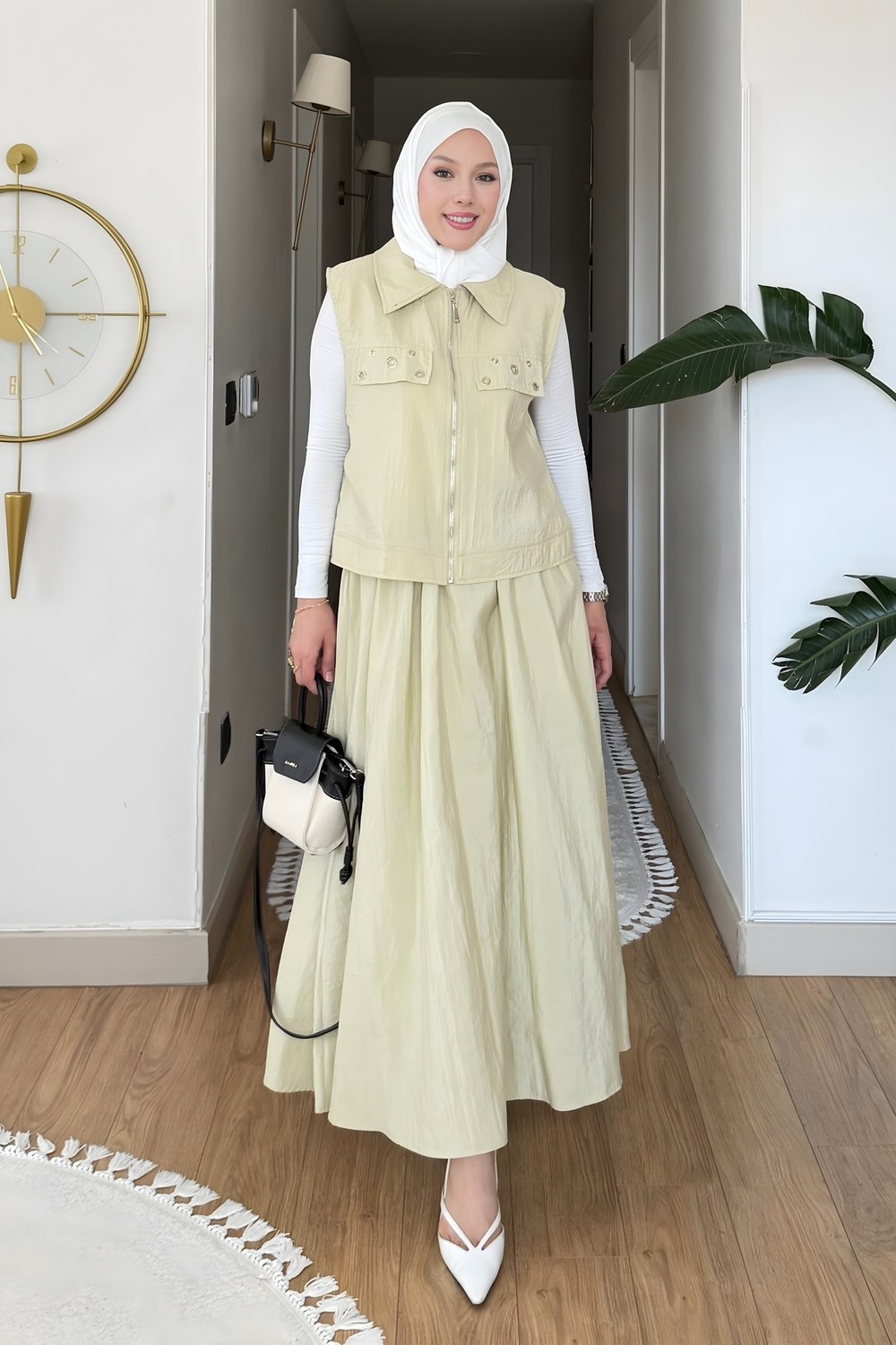 İmaj Butik Olive Fermuarlı Yelek Etekli Takım görsel 2