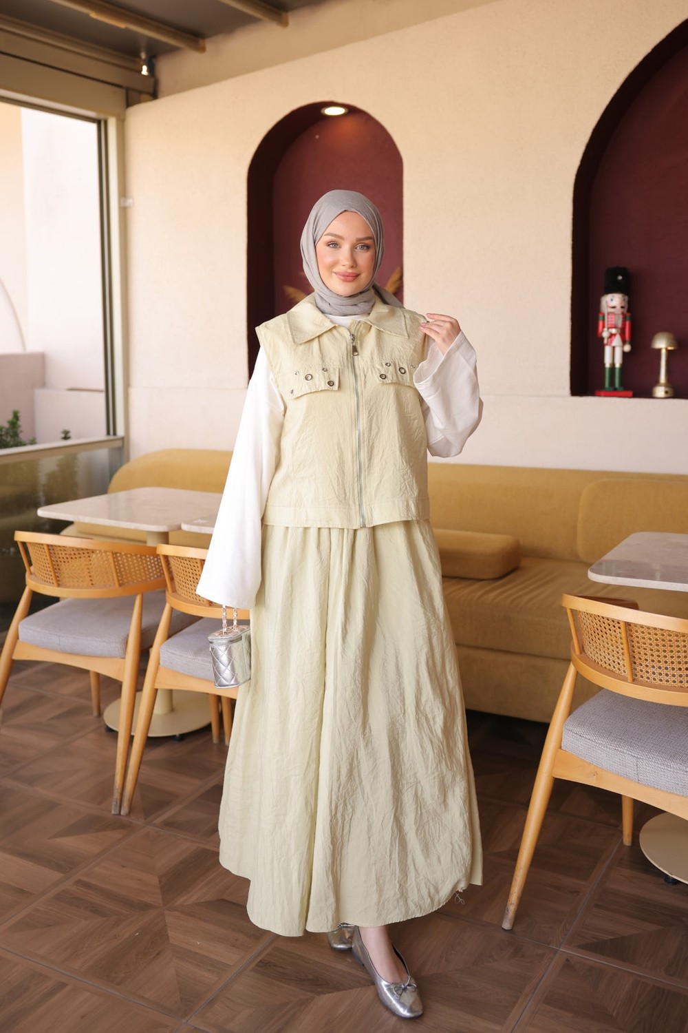 İmaj Butik Olive Fermuarlı Yelek Etekli Takım görsel 3