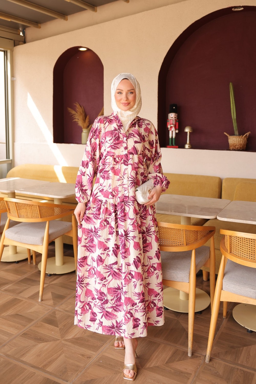 İmaj Butik Kahverengi Yarım Düğmeli Kol Lastikli Desenli Elbise görsel 5