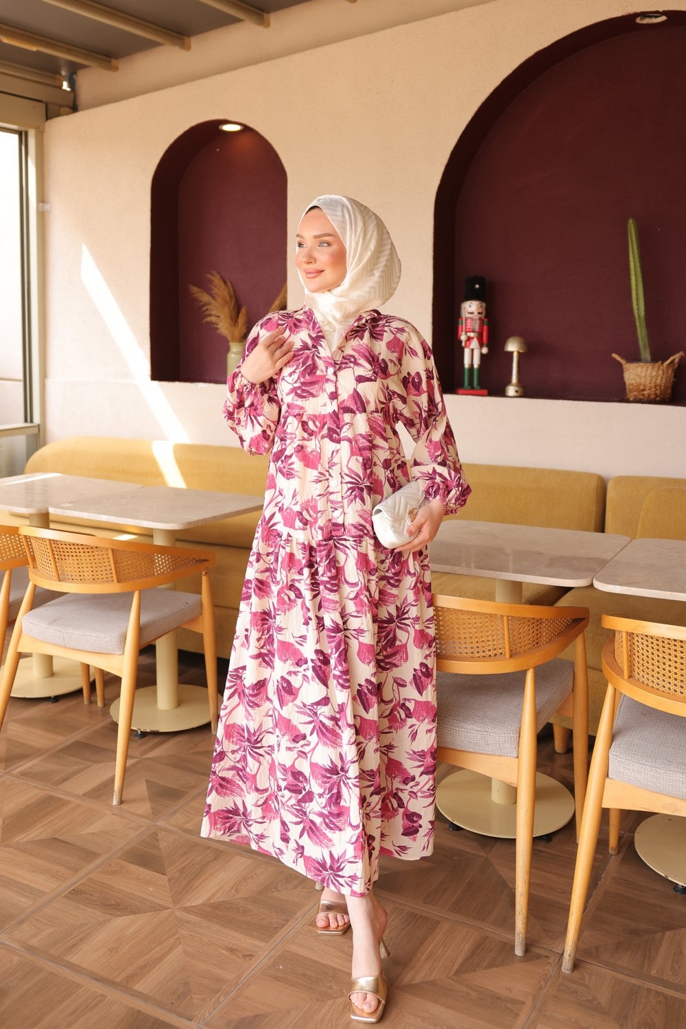 İmaj Butik Kahverengi Yarım Düğmeli Kol Lastikli Desenli Elbise görsel 6