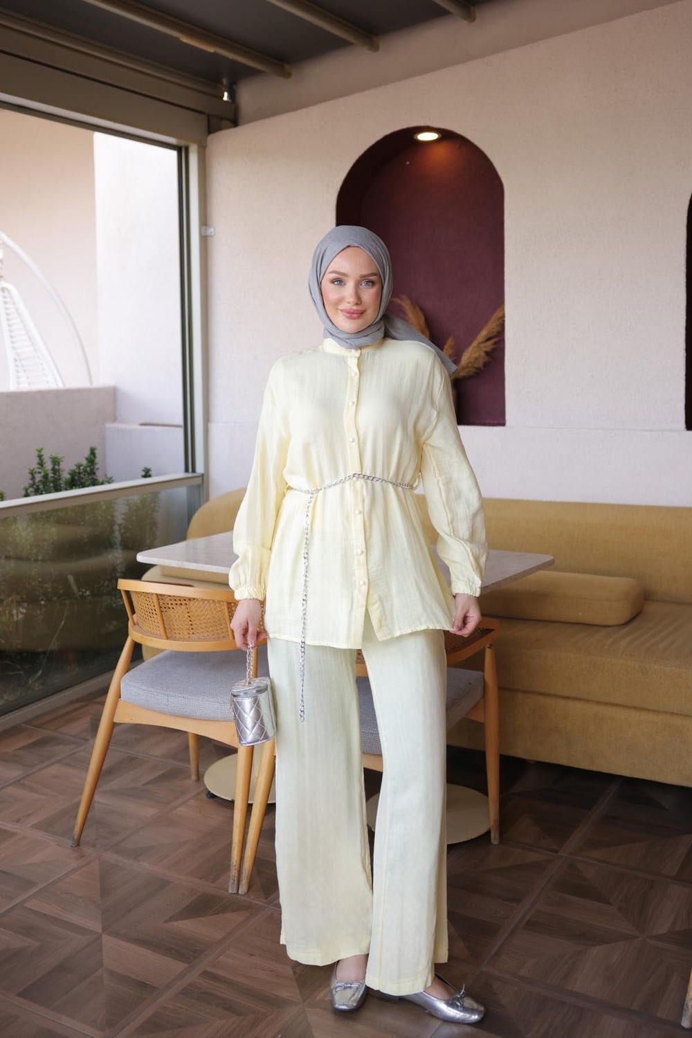 İmaj Butik Sarı Kol Lastikli Düğmeli Tunik Pantolonlu Takım