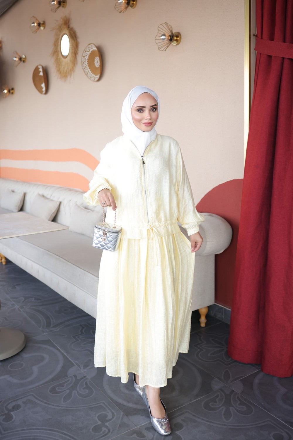 İmaj Butik Sarı Büzgü Bel Detaylı Fermuarlı Gömlek Etekli Takım görsel 5