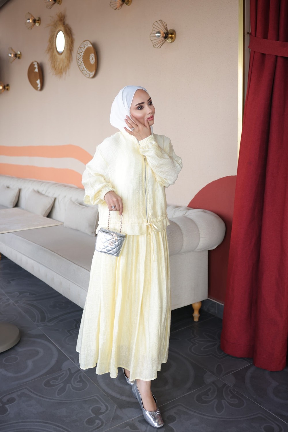 İmaj Butik Sarı Büzgü Bel Detaylı Fermuarlı Gömlek Etekli Takım görsel 6
